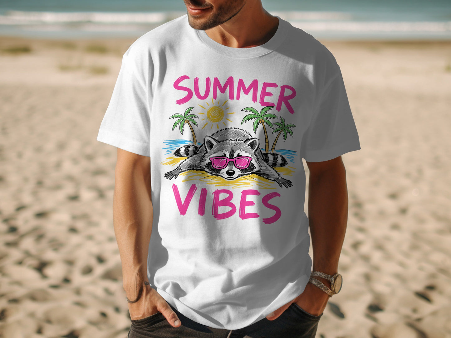 T-shirt with cartoon raccoon wearing sunglasses on a beach.