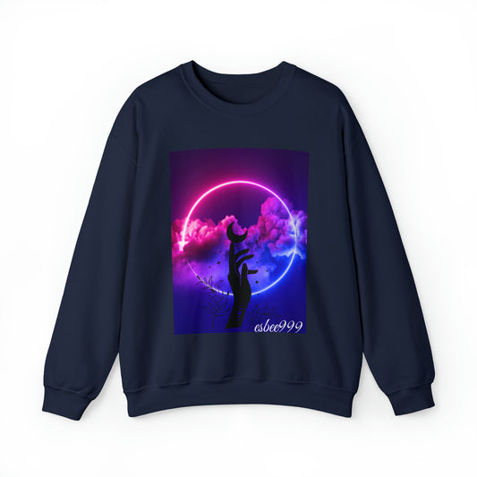 a dark blue sweatshirt with a picture of a person holding a neon circle