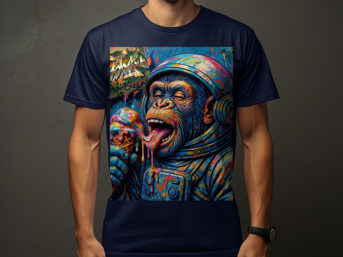 Astronaut monkey in helmet eating melting ice cream cone, vibrant colors.