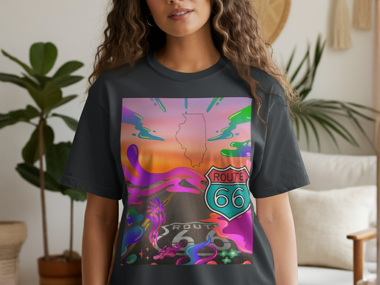 T-shirt with Route 66 sign, Illinois outline, and colorful sunset road.
