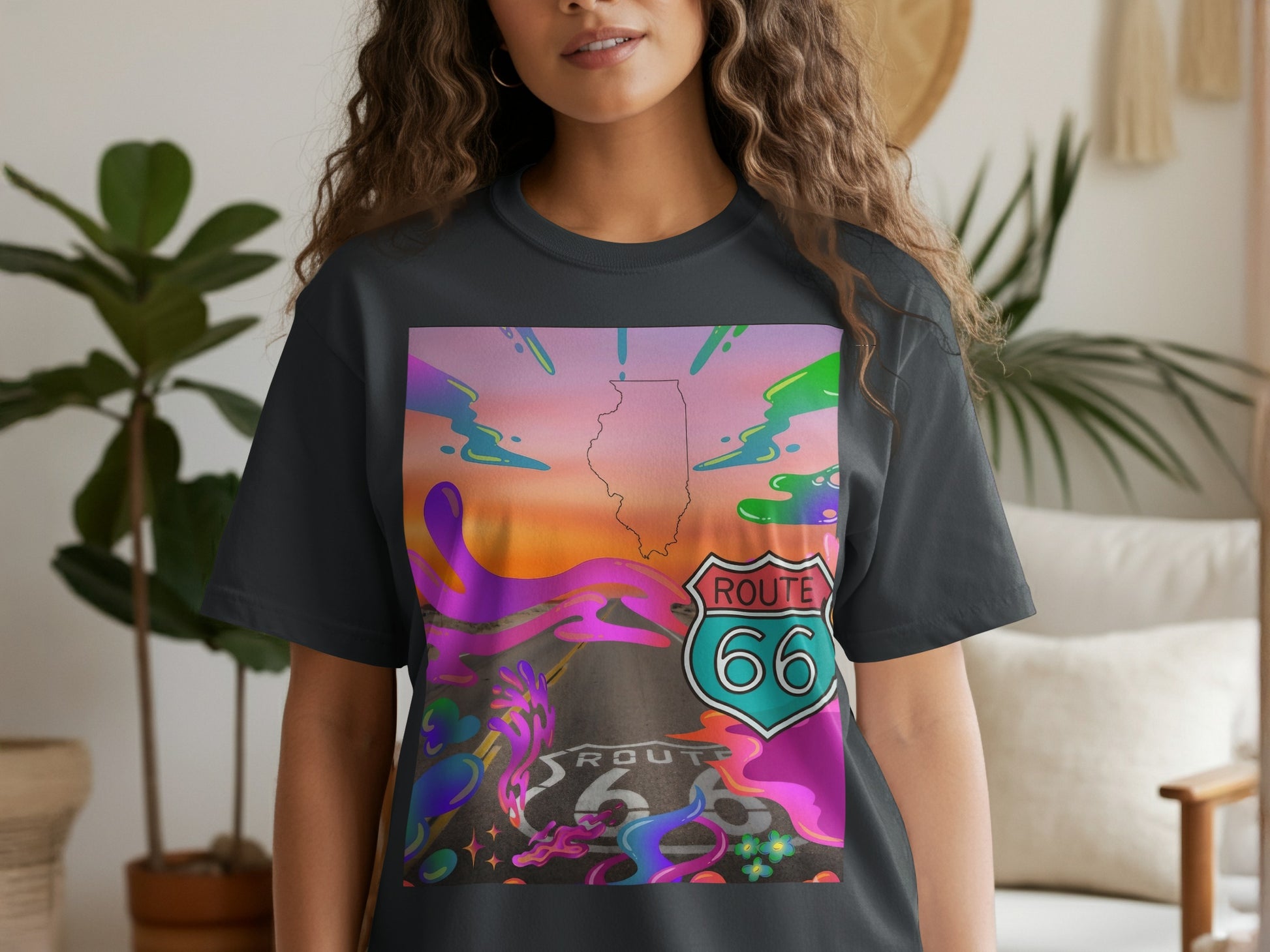 T-shirt with Route 66 sign, Illinois outline, and colorful sunset road.
