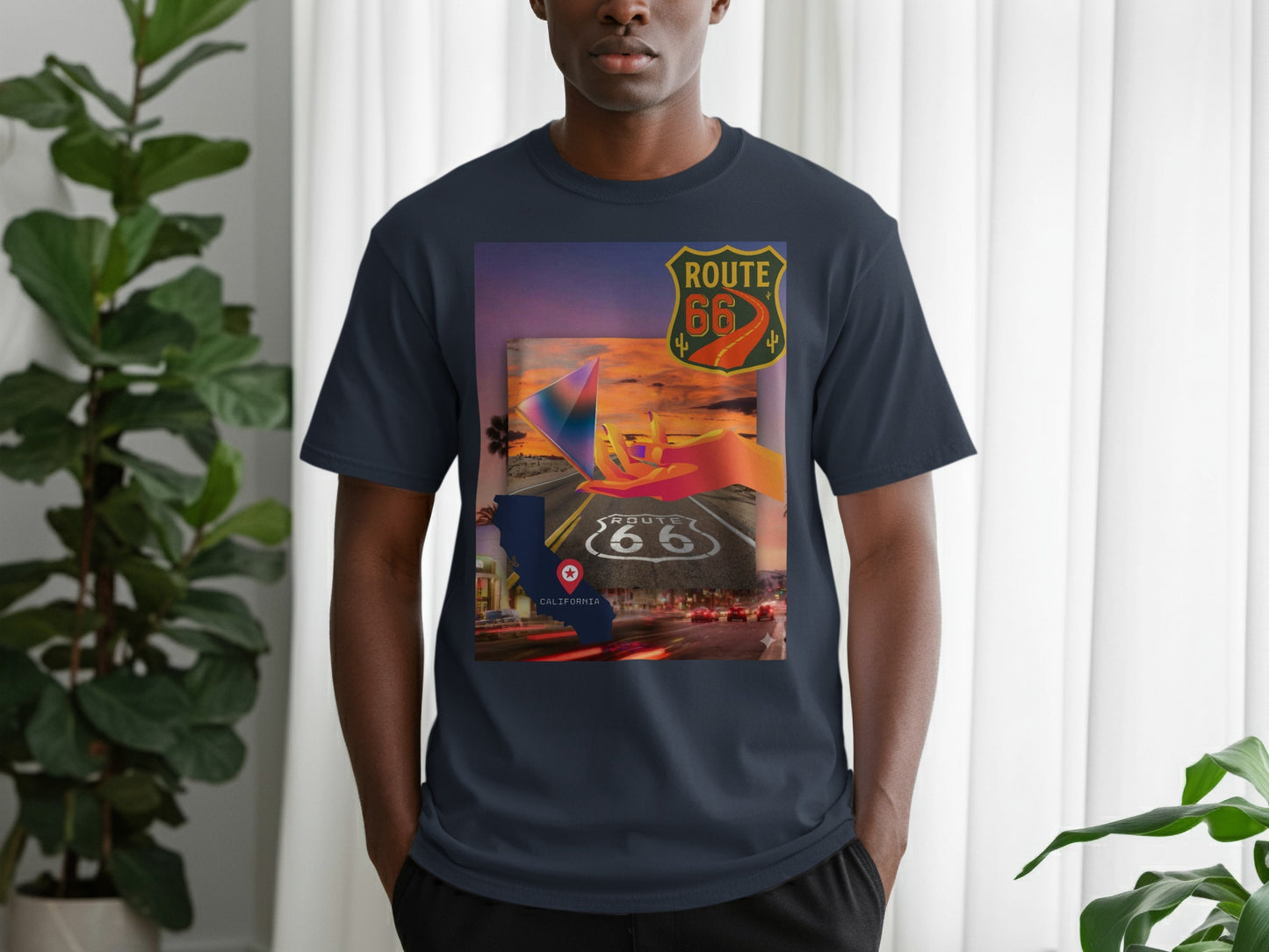 Navy t-shirt with Route 66 and California graphic.