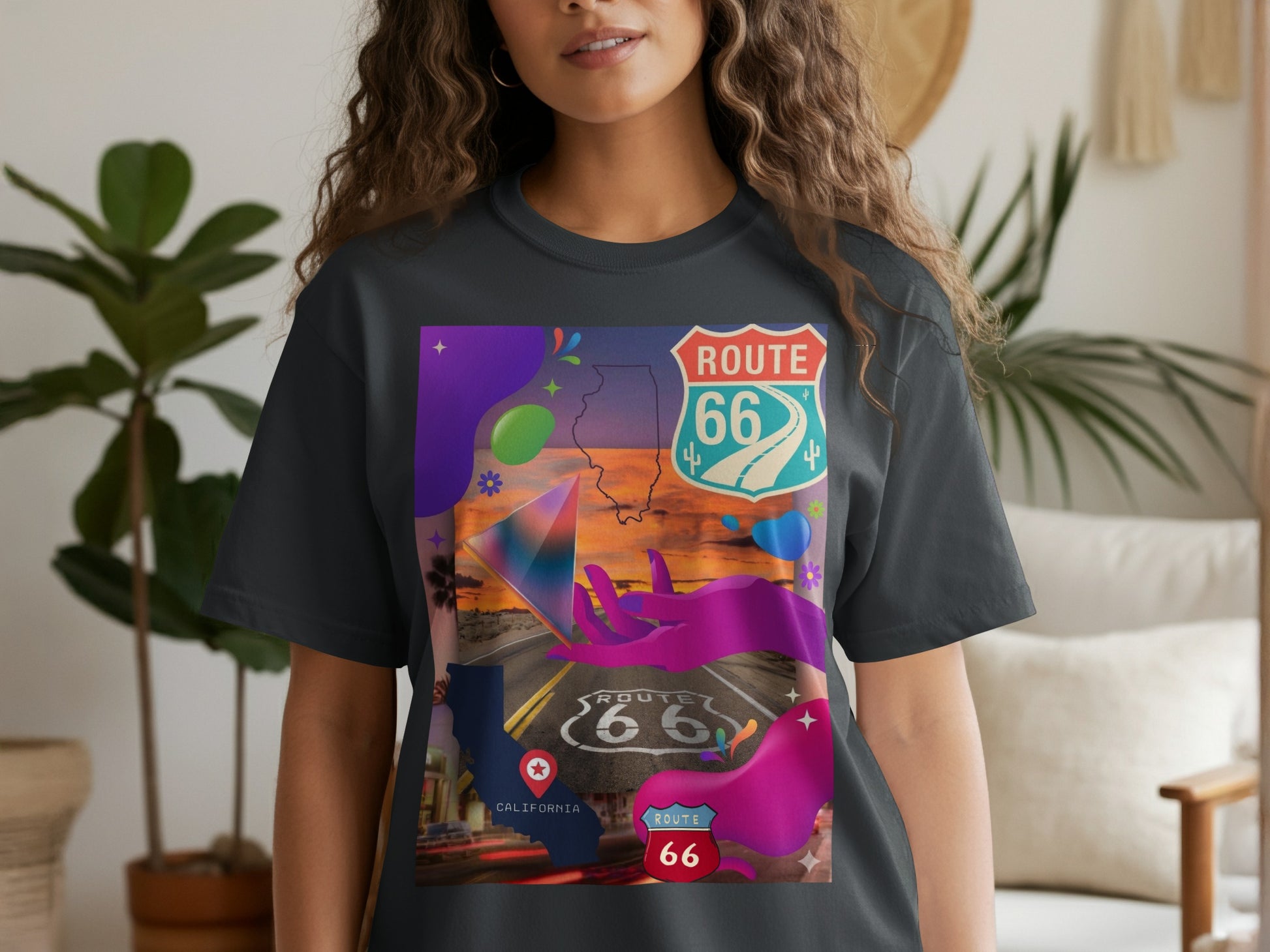 Black t-shirt with Route 66 design featuring California map and colorful graphic elements.