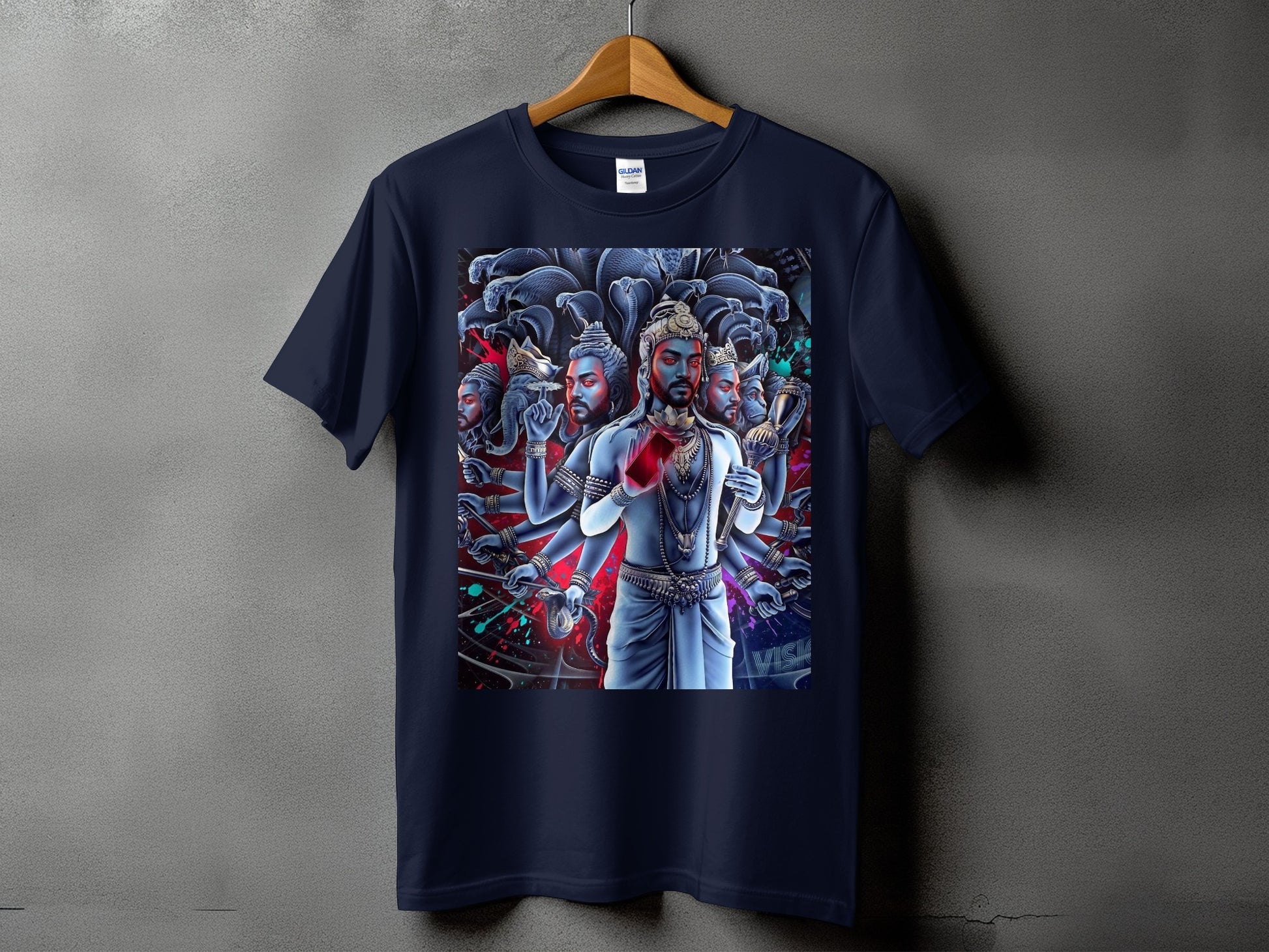 T-shirt with multi-armed deity illustration, Lord Shiva with glowing red eyes.