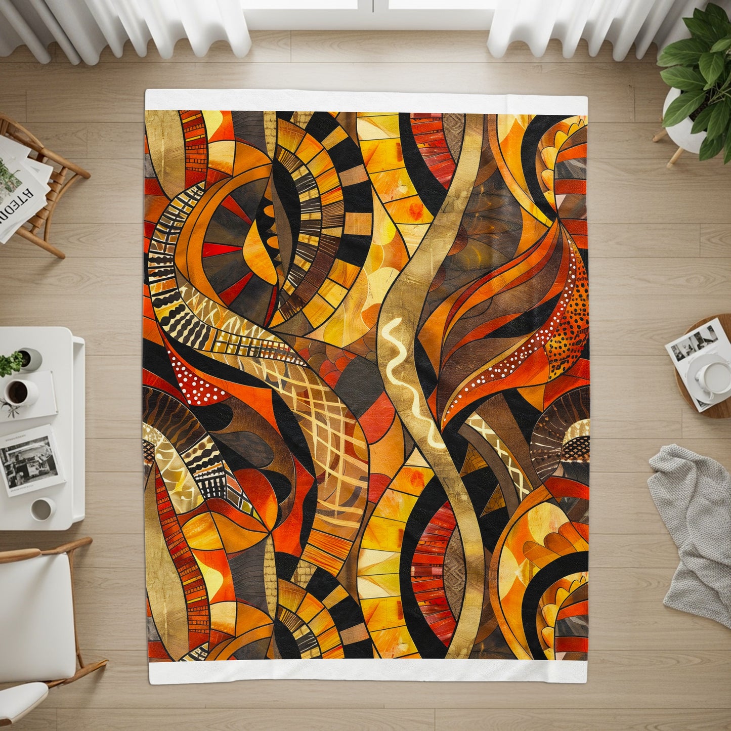 Abstract rug with flowing patterns in orange, yellow, brown, and black.
