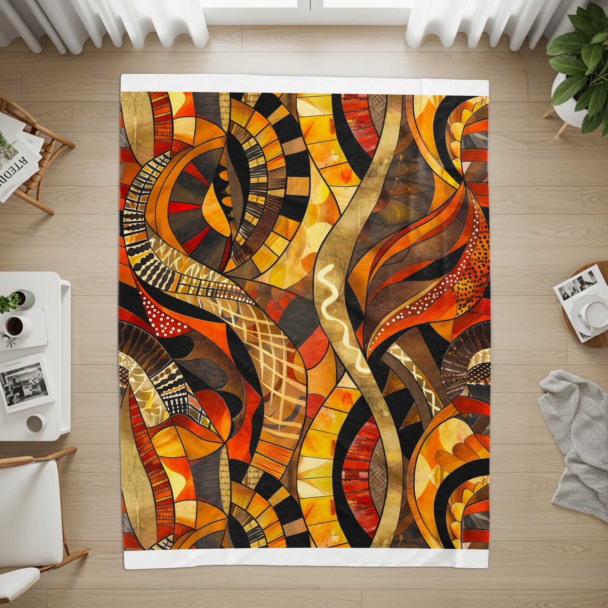 Abstract rug with flowing patterns in orange, yellow, brown, and black.