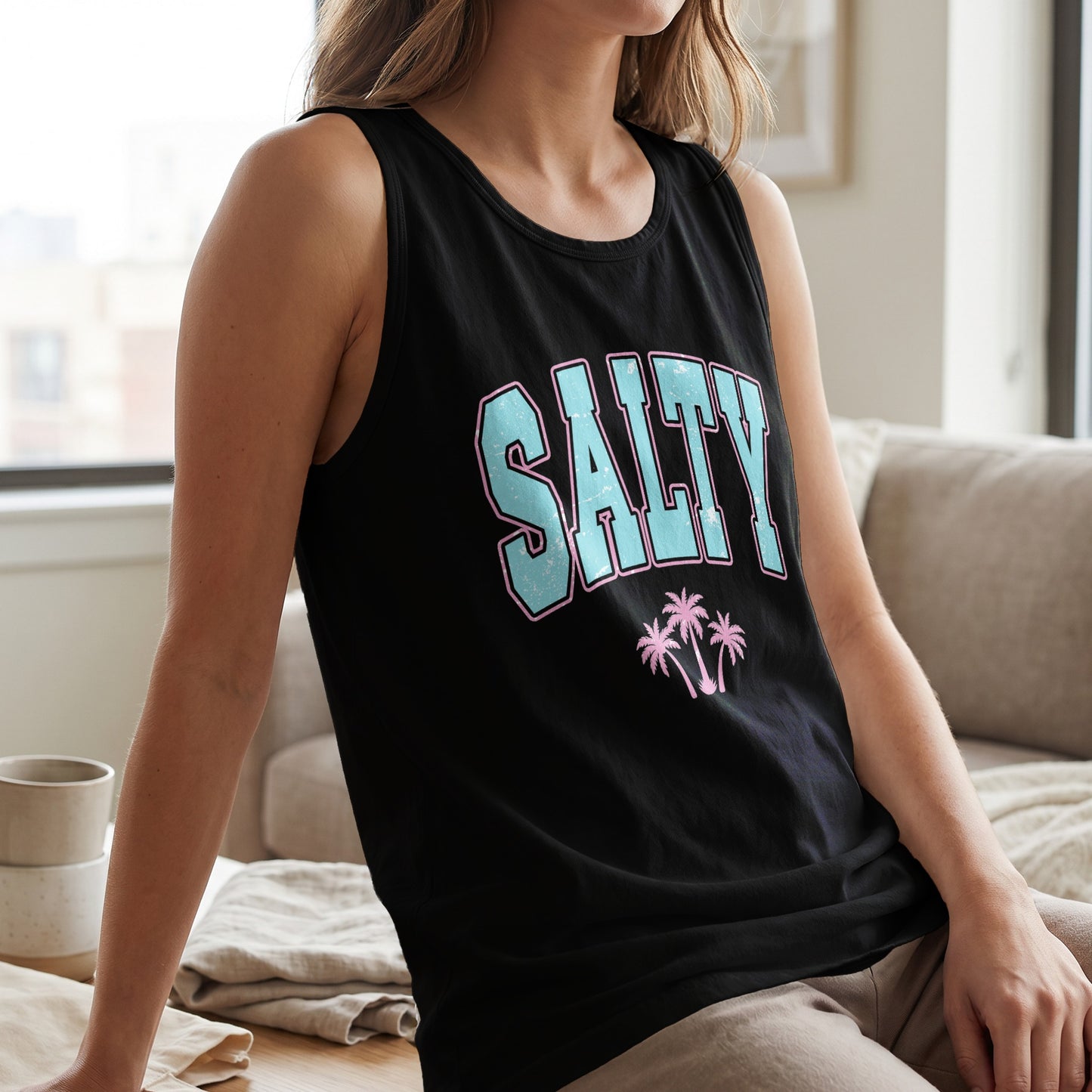 Black tank top with "SALTY" text and palm trees.