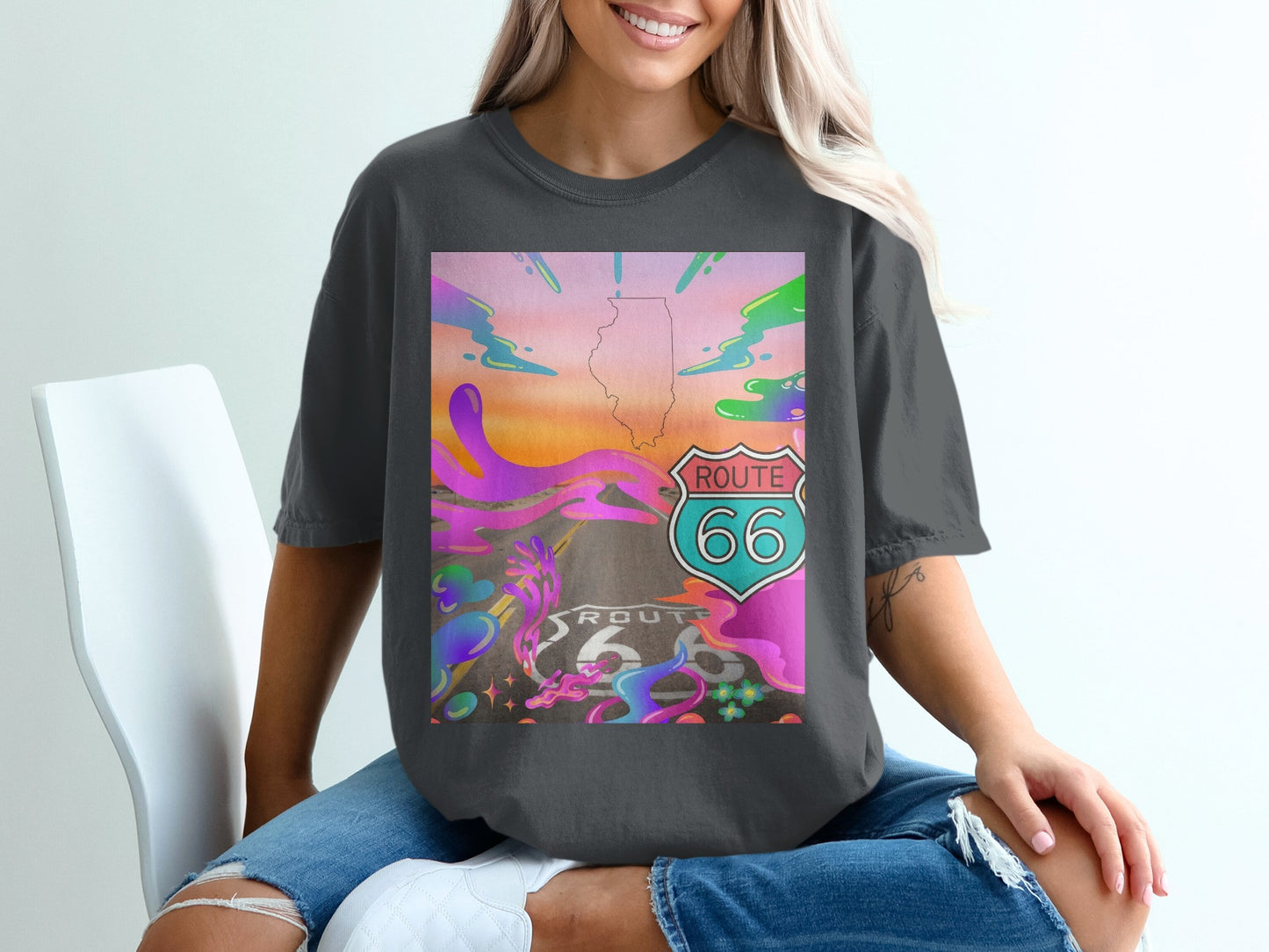 Dark gray t-shirt with Route 66 graphic art, featuring a desert road and clouds.