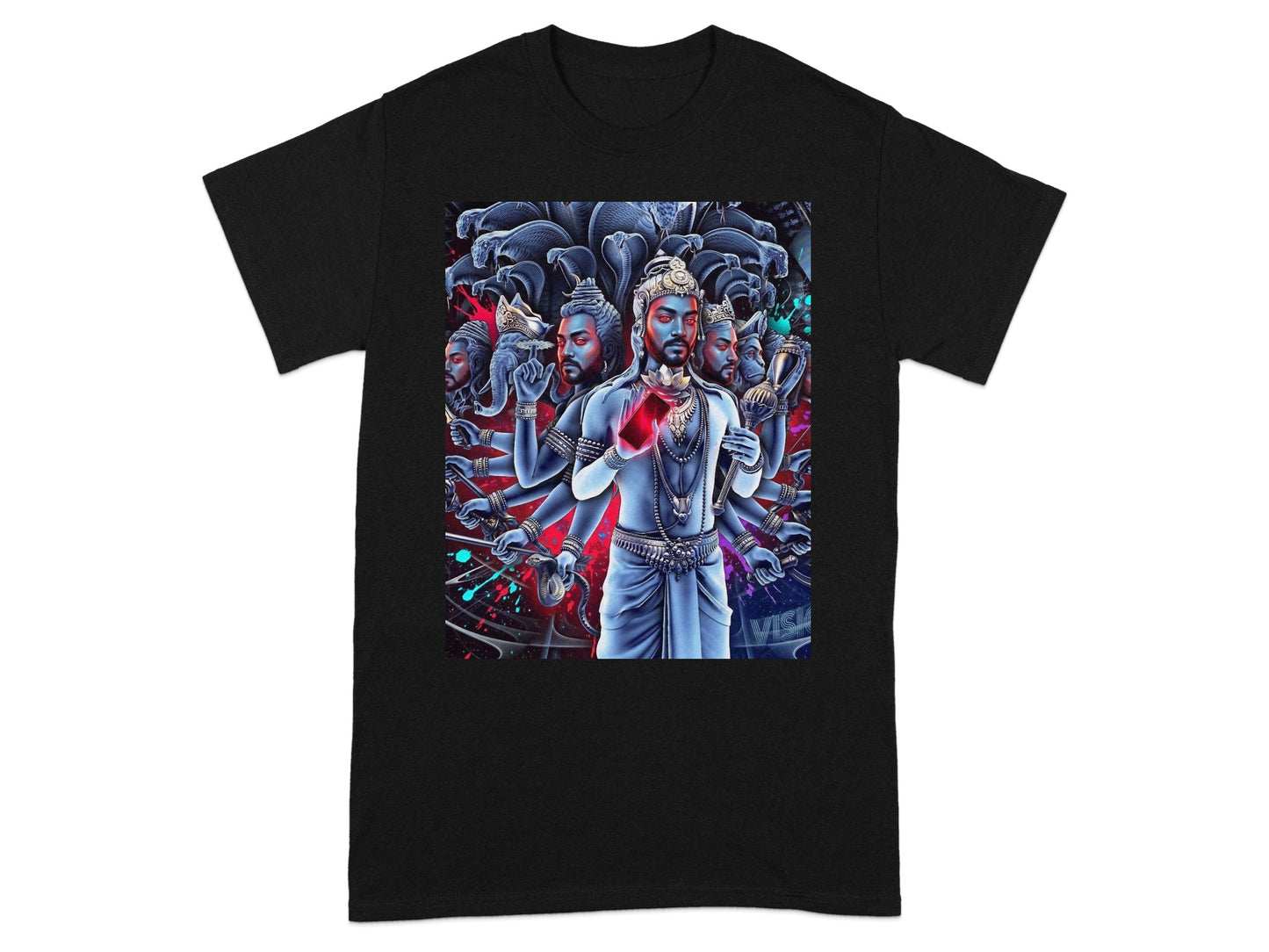 Black t-shirt with a vibrant, multi-armed deity illustration and "VISK" text.