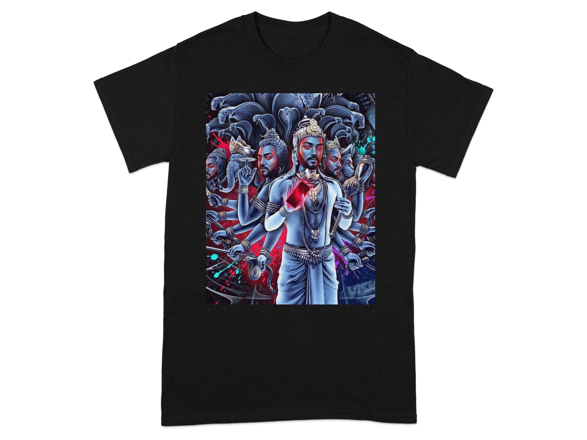 Black t-shirt with a vibrant, multi-armed deity illustration and "VISK" text.
