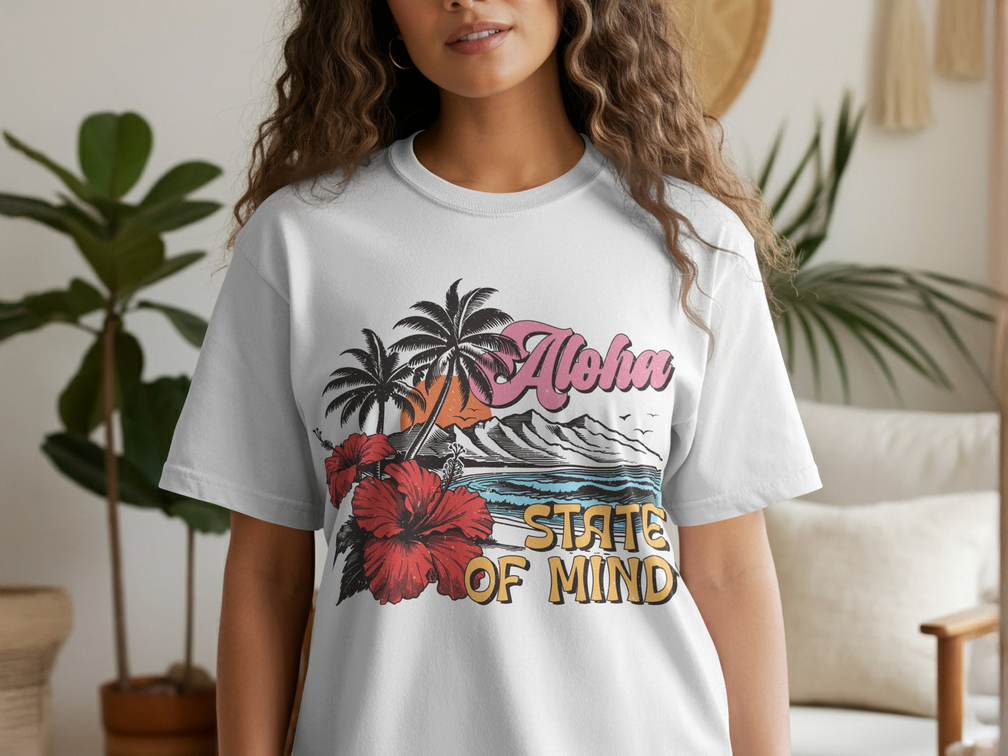 White t-shirt with tropical Aloha State of Mind graphic and palm trees.