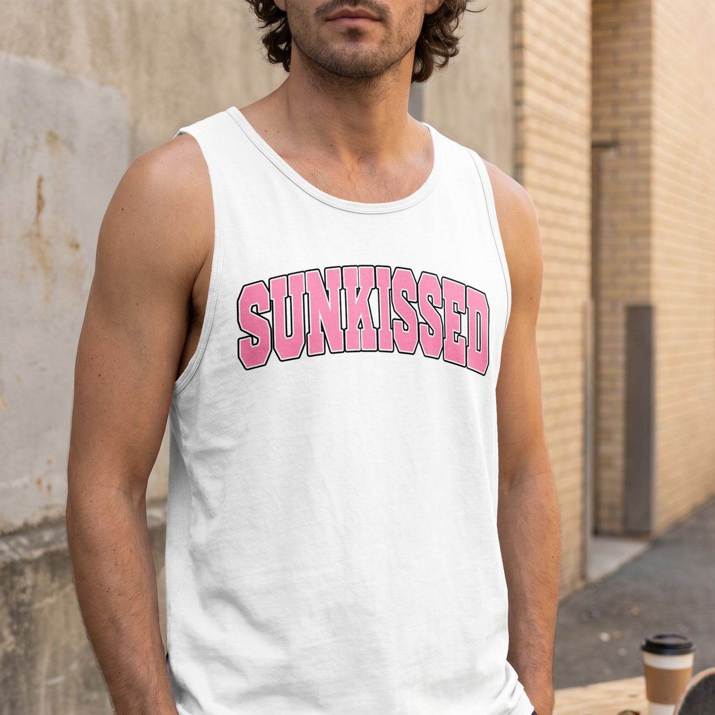 White tank top with "SUNKISSED" in pink varsity lettering.