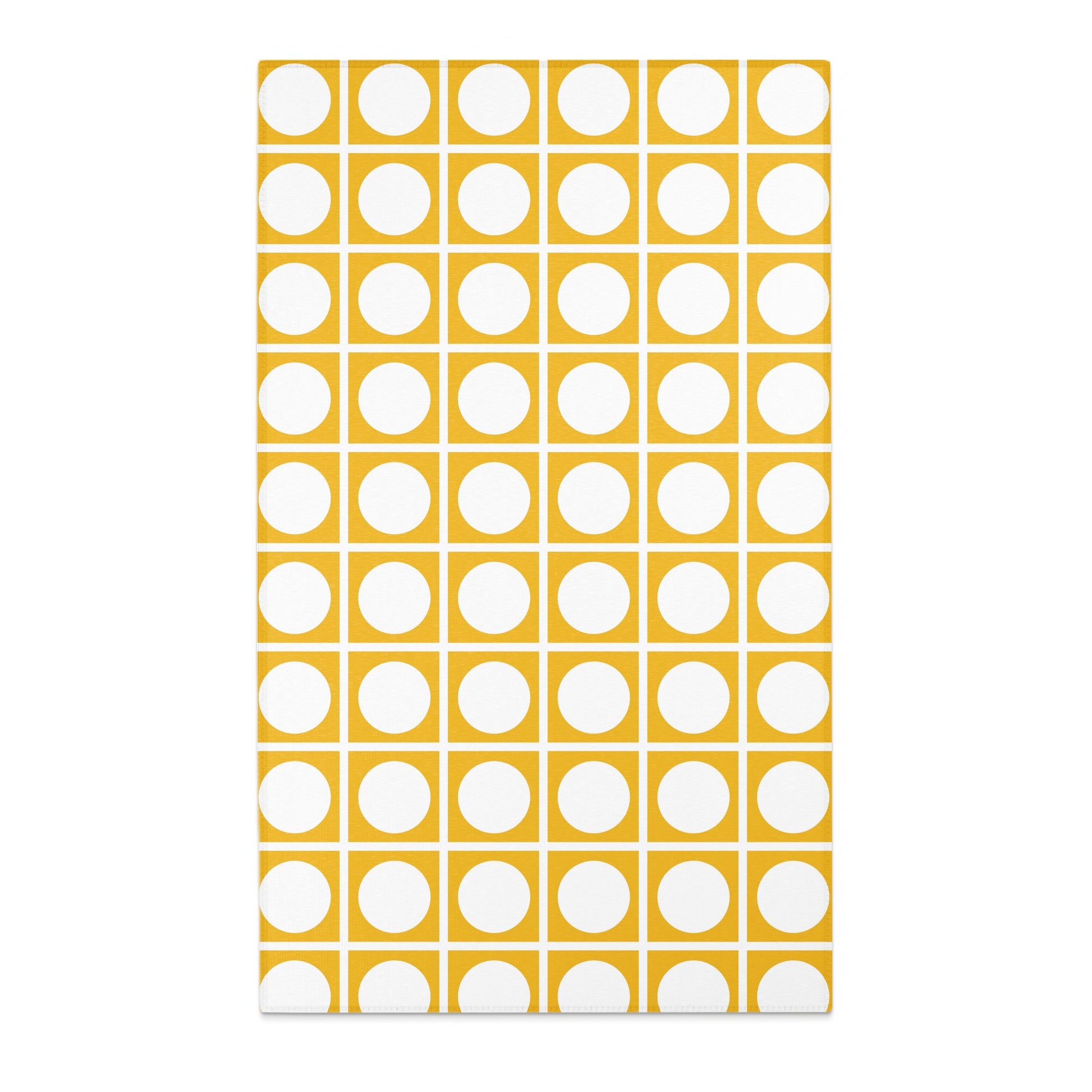 Yellow squares with white circles pattern on a white background.