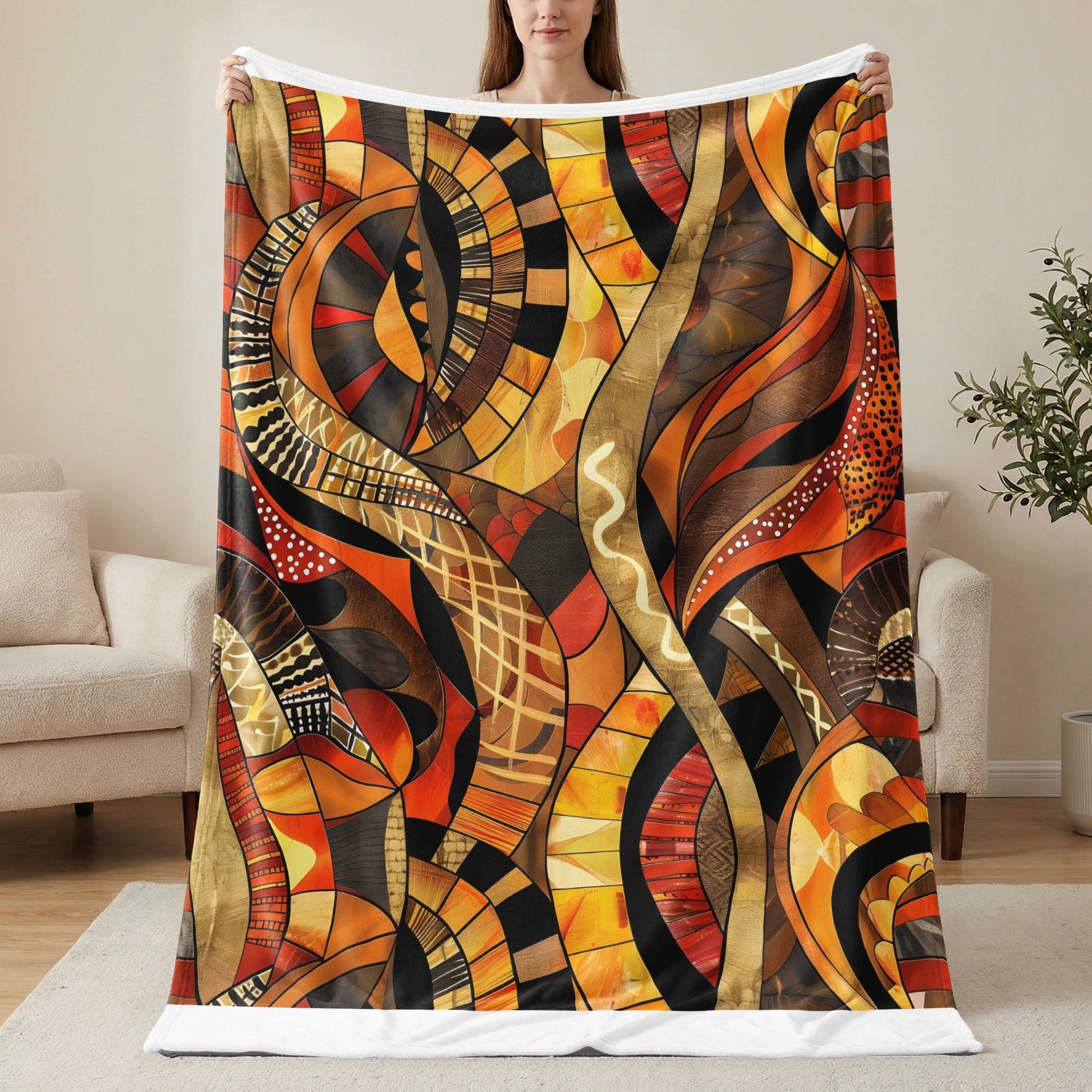 Abstract blanket with warm tones and organic, geometric patterns.