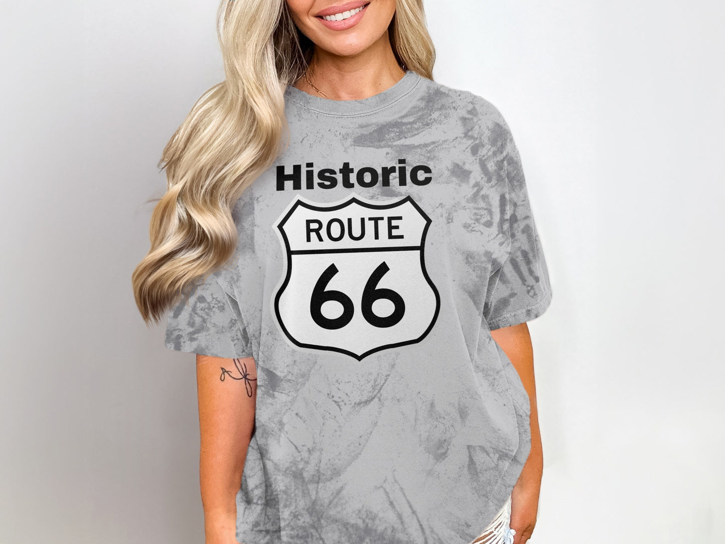 Gray tie-dye t-shirt with "Historic Route 66" sign on front.