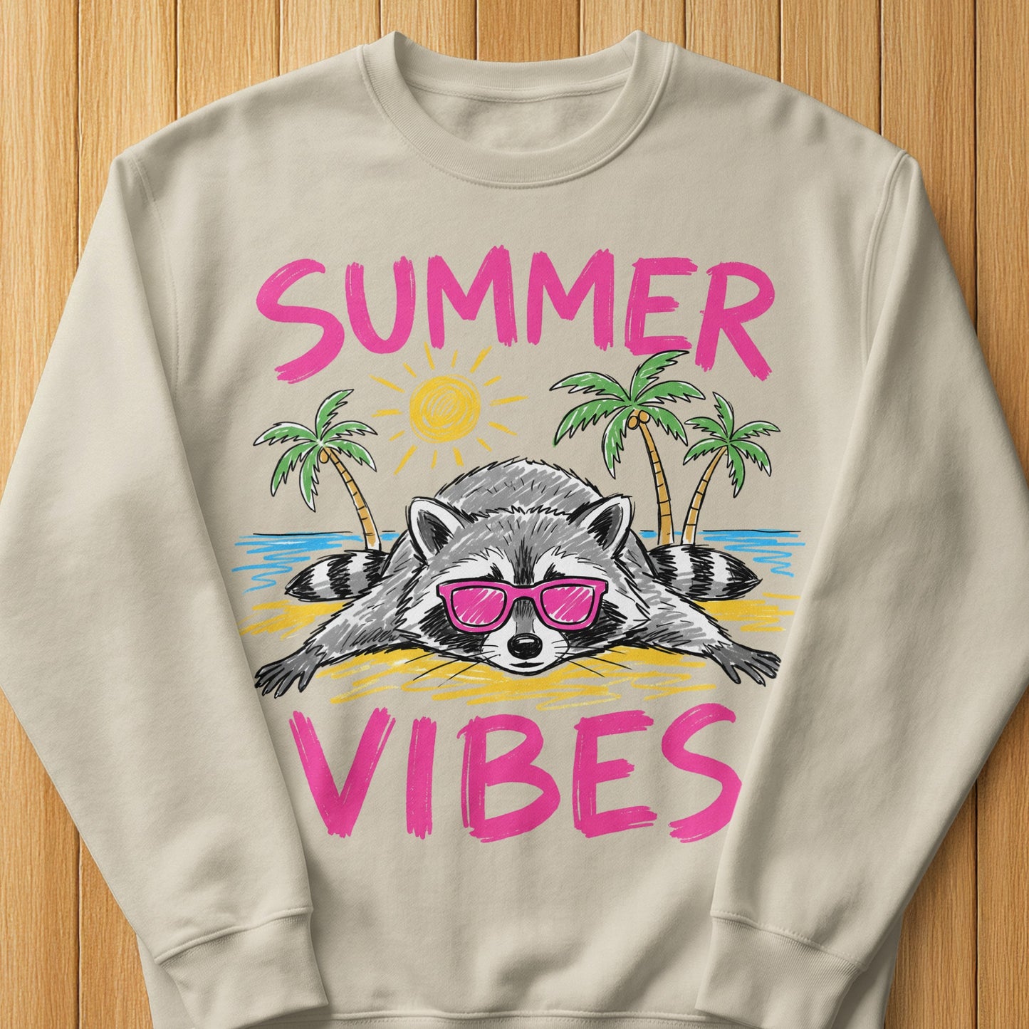Crewneck sweatshirt with a cartoon raccoon wearing sunglasses and text "SUMMER VIBES".