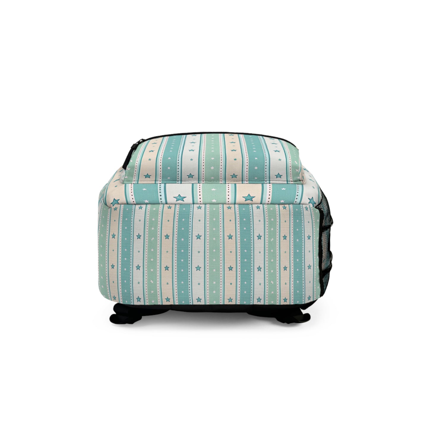 Backpack with a blue, green, and cream striped pattern featuring white and star icons.