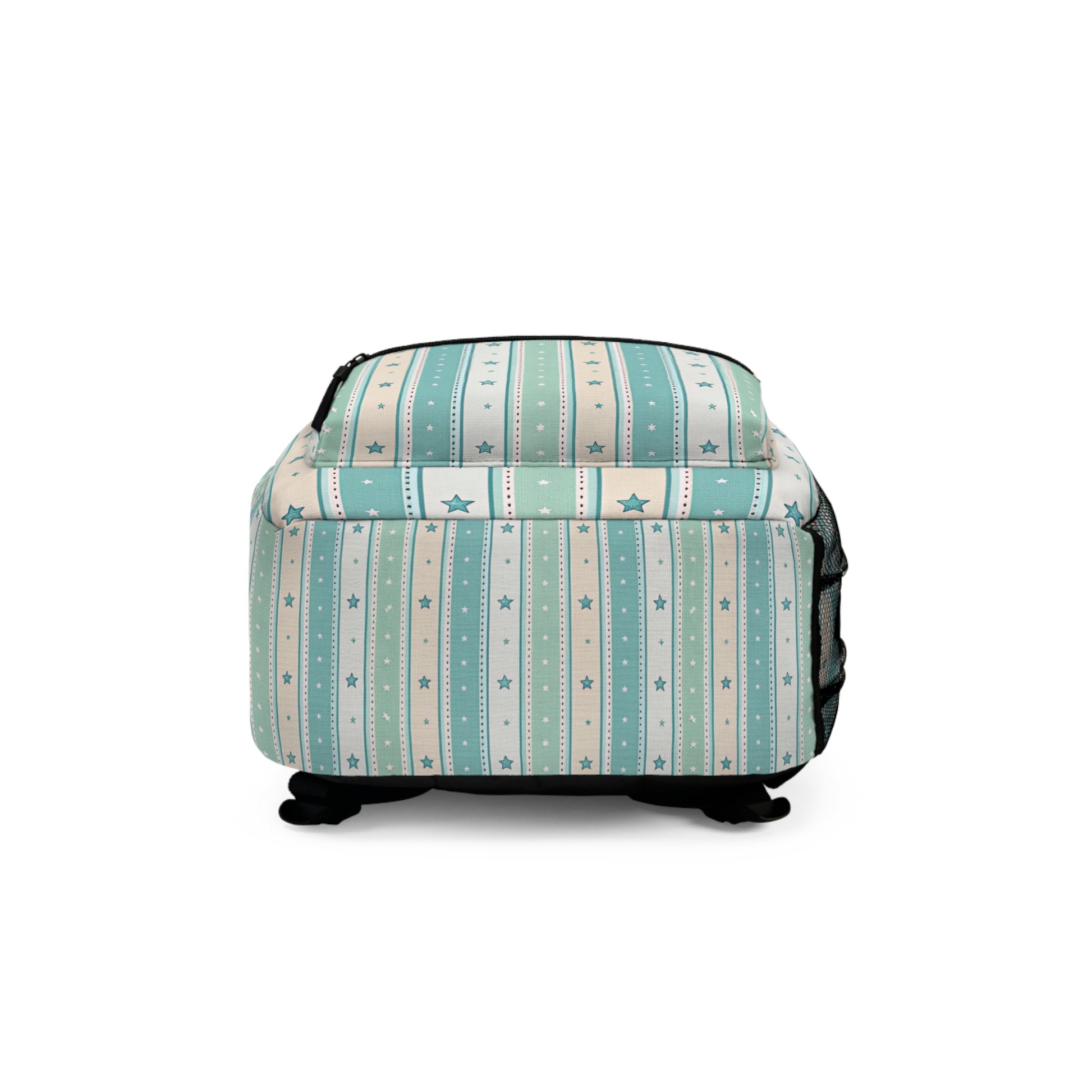 Backpack with a blue, green, and cream striped pattern featuring white and star icons.