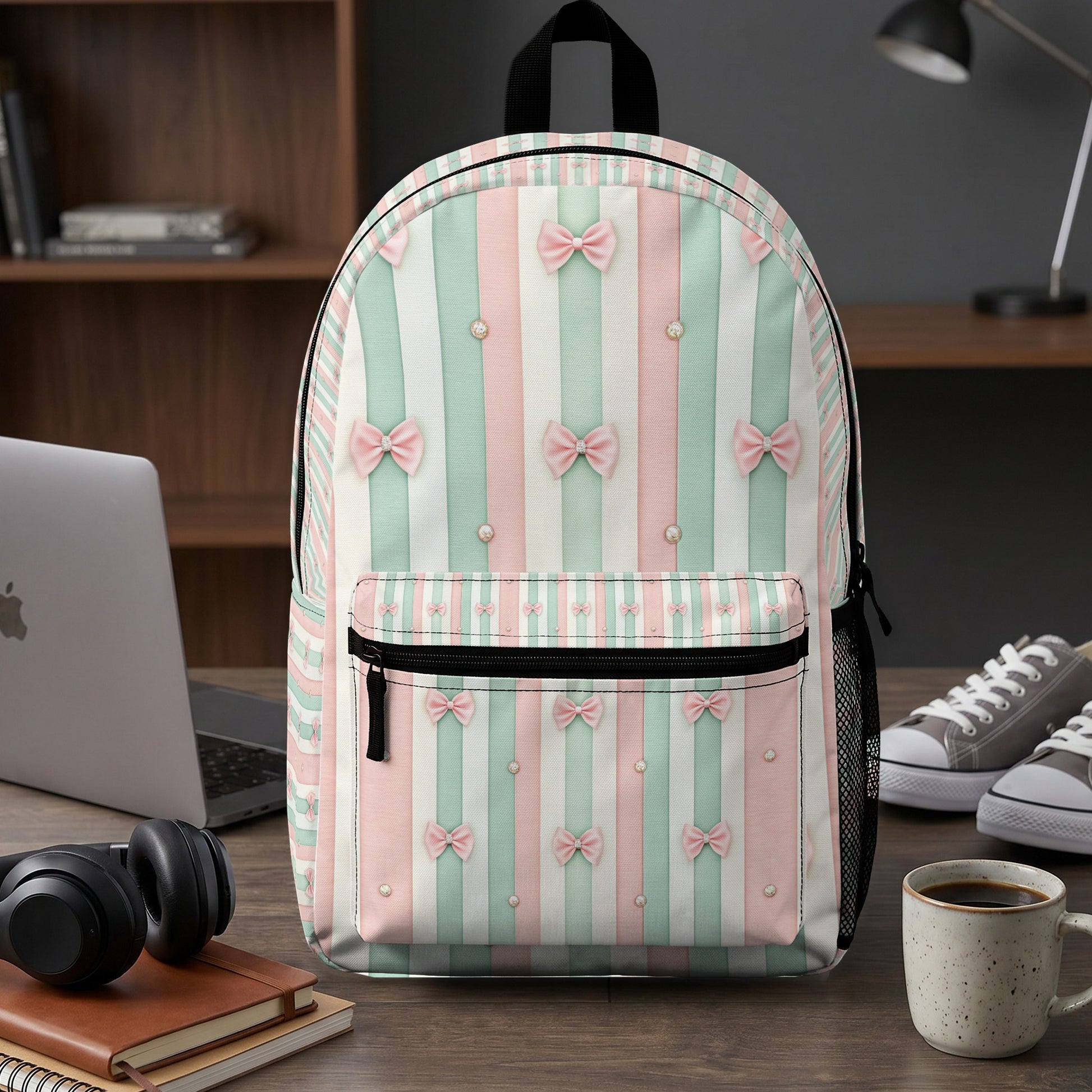 Backpack with pink bows and pearls on pastel stripes, with a laptop and headphones.
