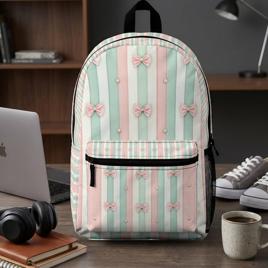 Backpack with pink bows and pearls on pastel stripes, with a laptop and headphones.