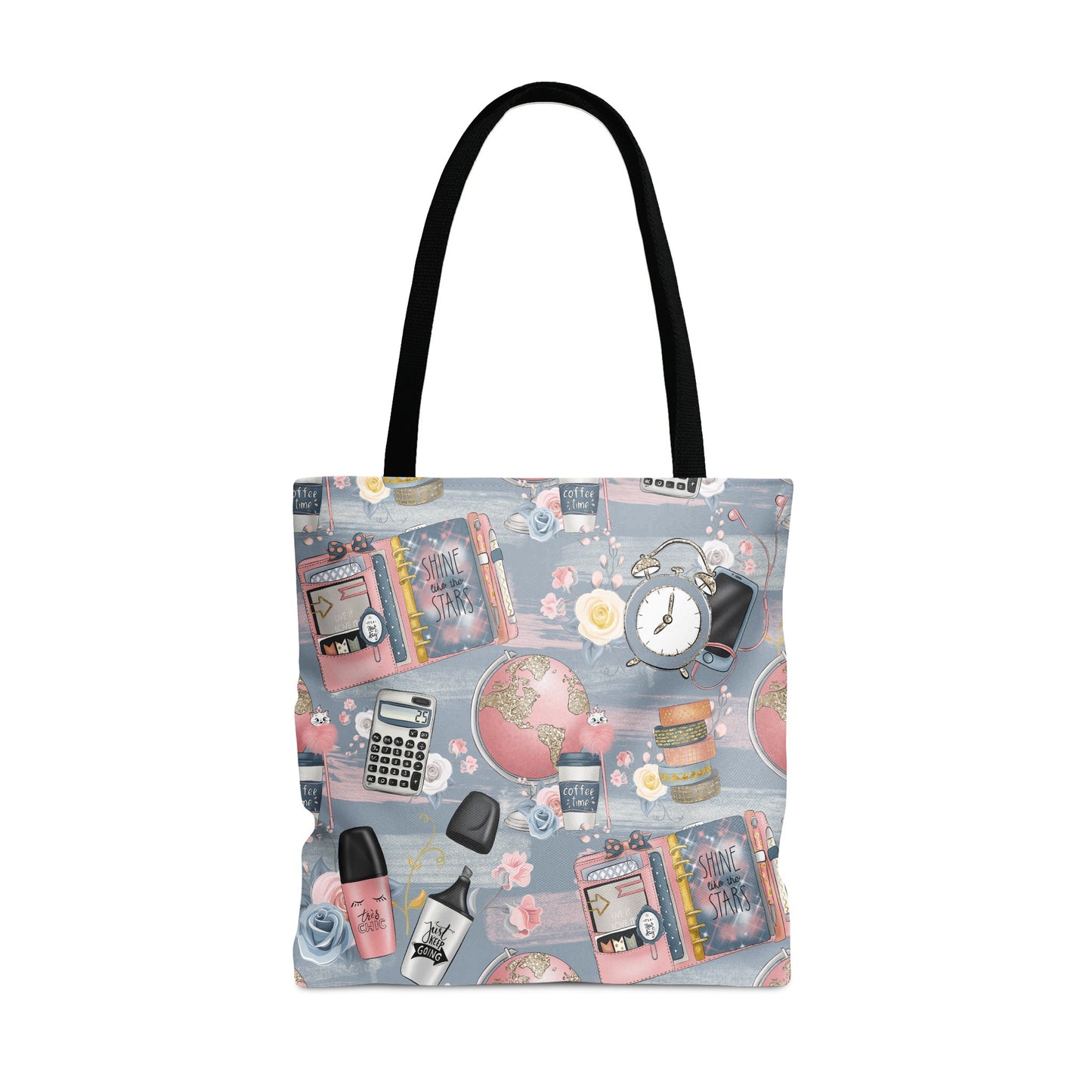 Colorful Travel Themed Tote Bag with Various Icons