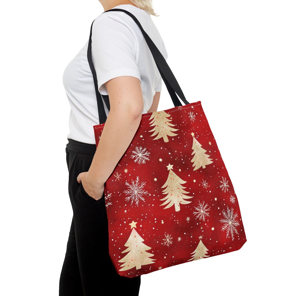 Festive Red Tote Bag with Christmas Tree Design