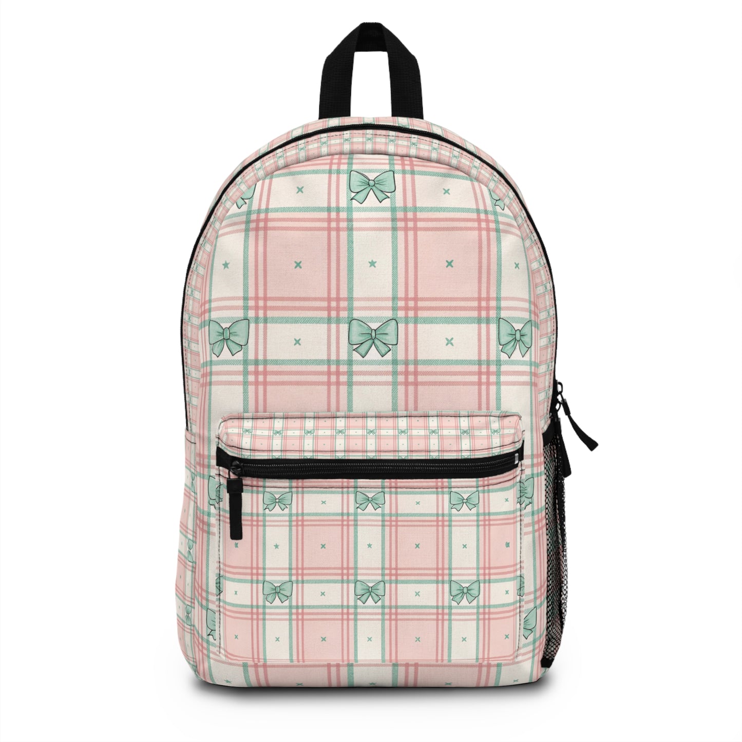 Pink and green plaid backpack with bow and star pattern.