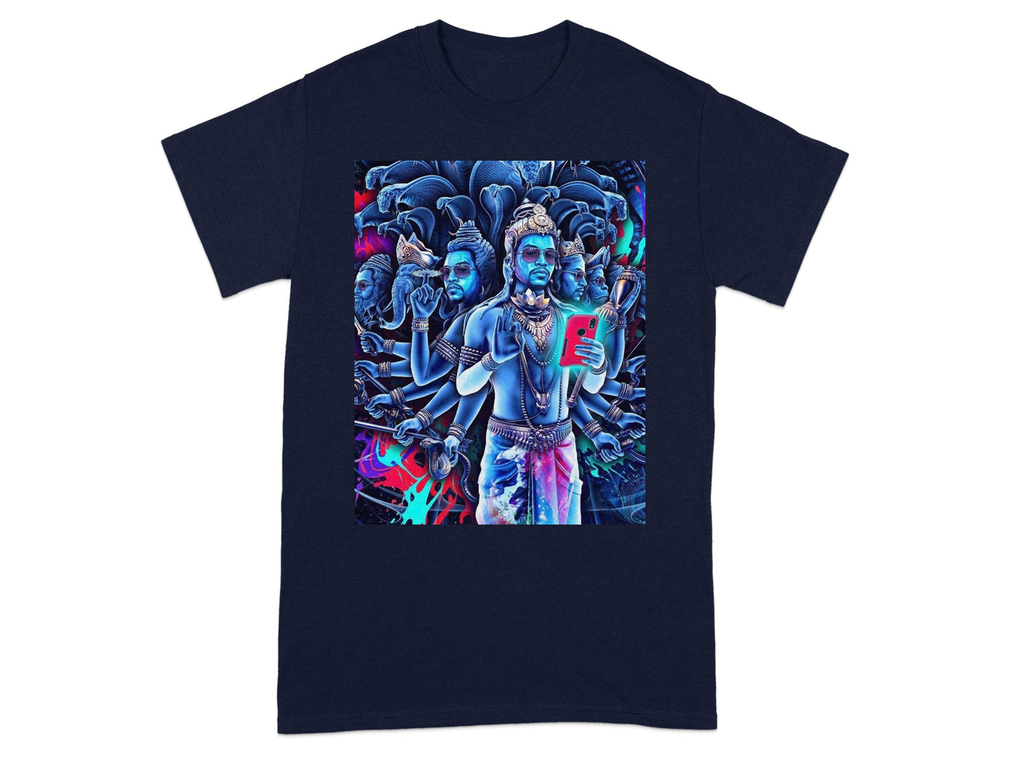Vibrant t-shirt design featuring multiple arms and heads of a Hindu deity holding a smartphone.