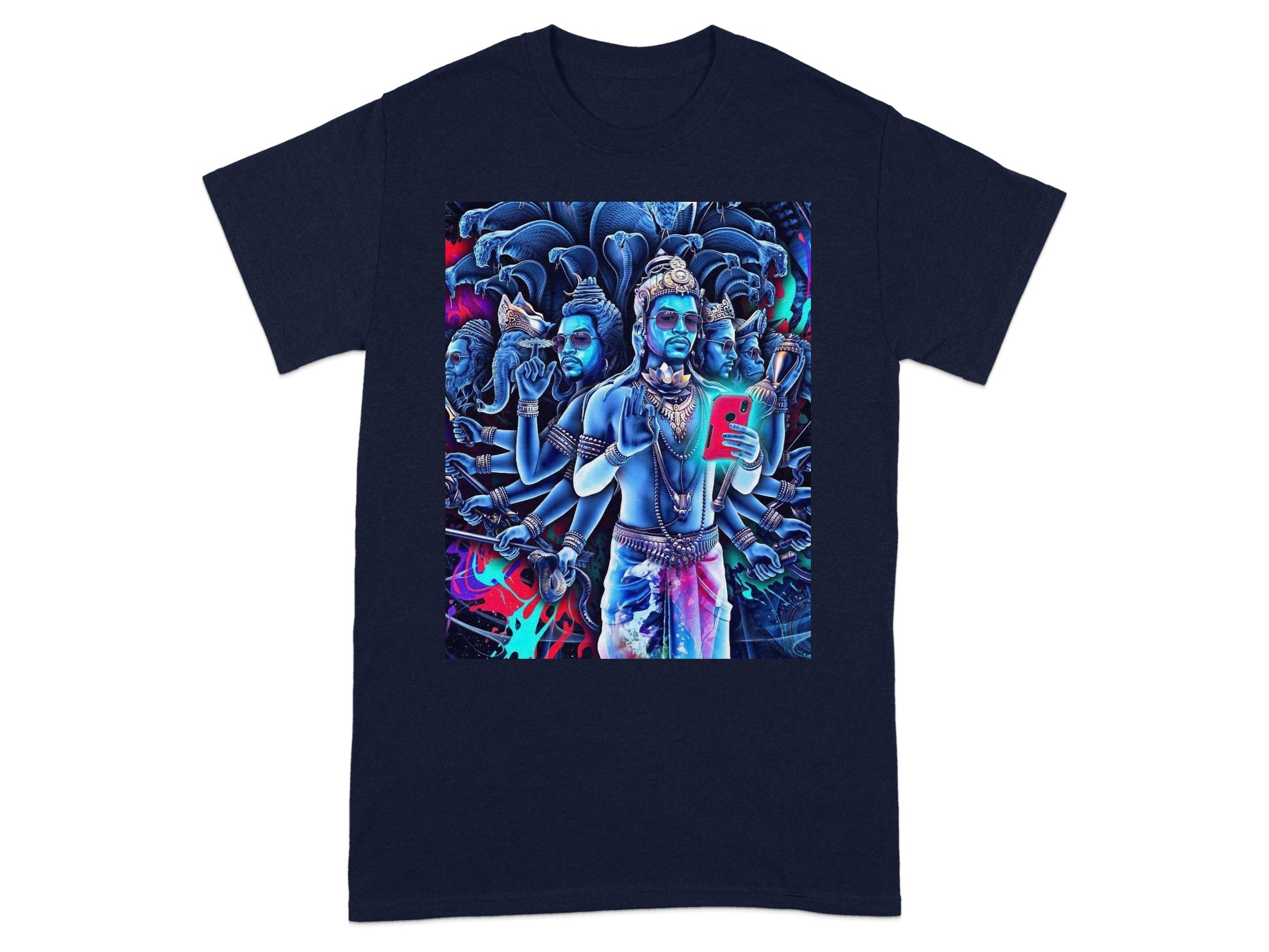 Vibrant t-shirt design featuring multiple arms and heads of a Hindu deity holding a smartphone.