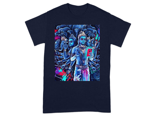 Vibrant t-shirt design featuring multiple arms and heads of a Hindu deity holding a smartphone.