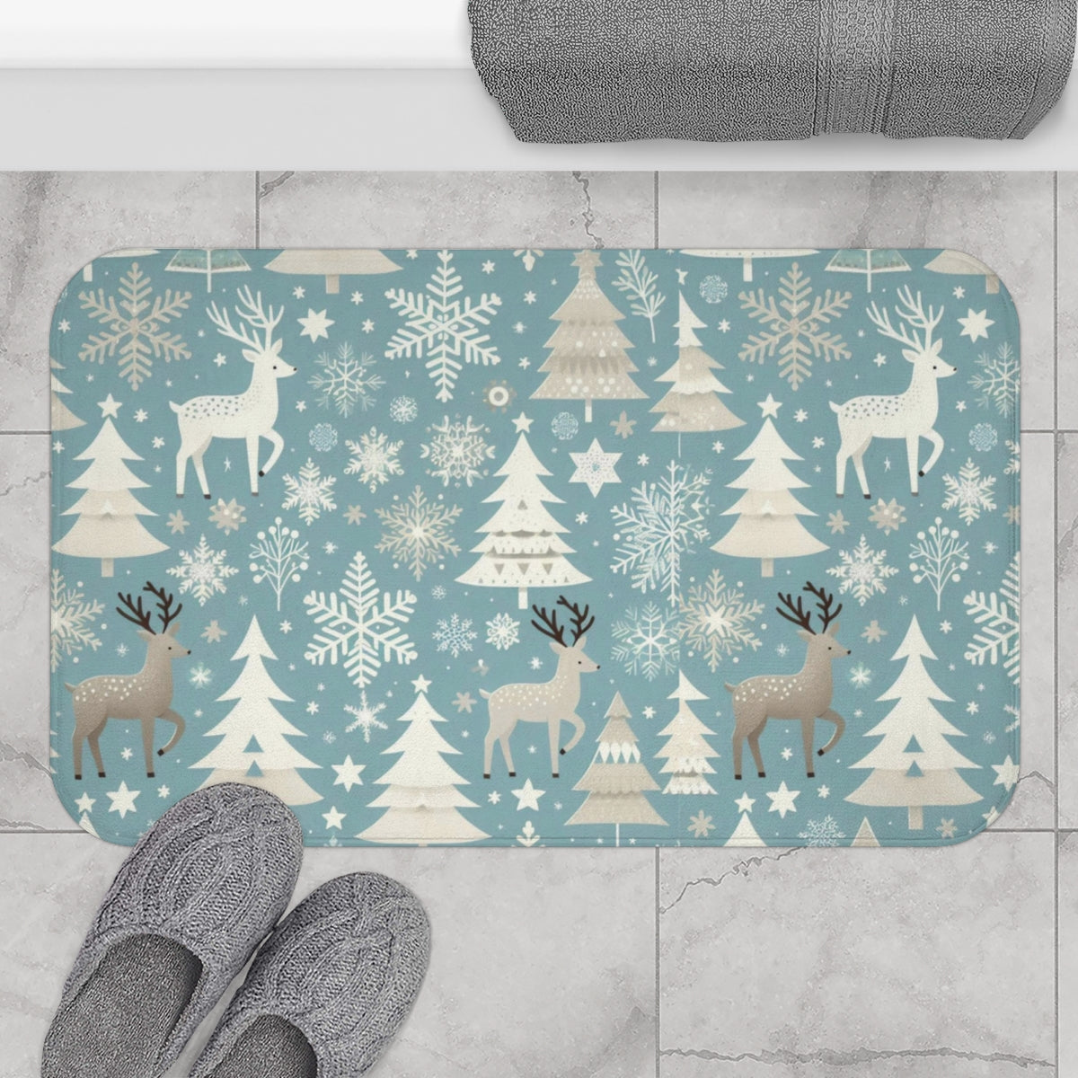 Festive Winter Scene with Reindeer and Snowflakes Bath Mat