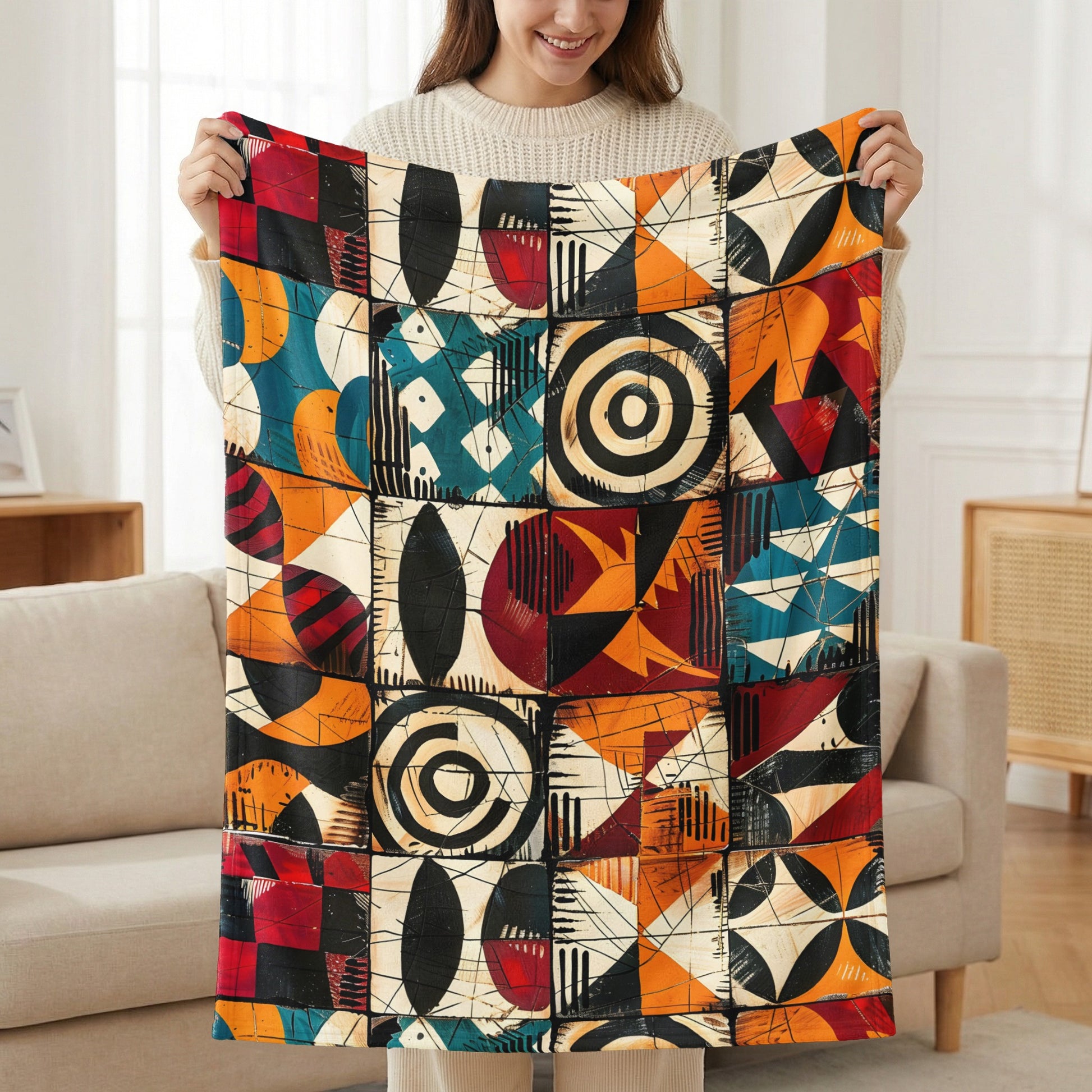 Abstract geometric pattern blanket with bold colors and textures, held by a smiling person.
