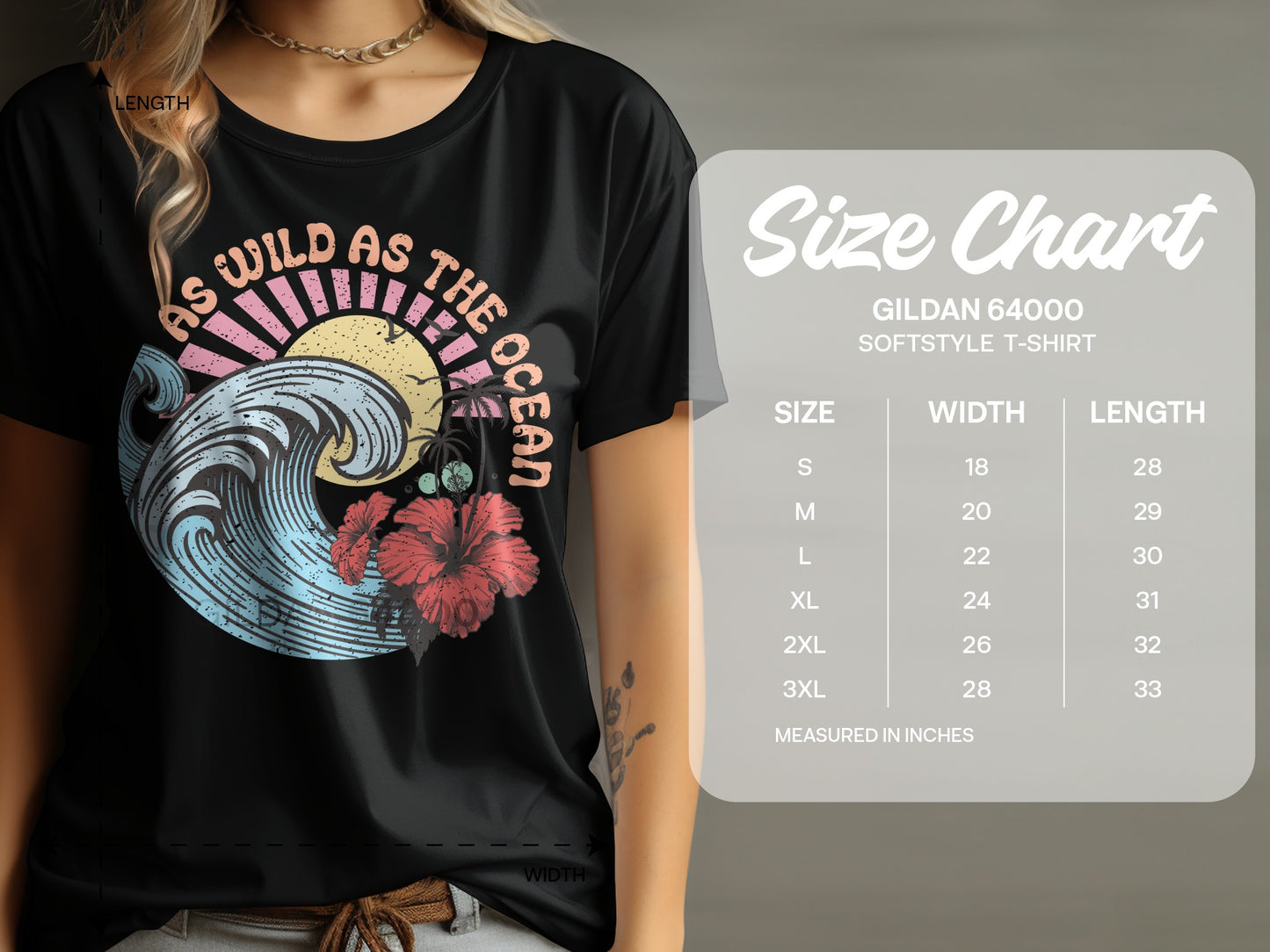 T-shirt with "As Wild As The Ocean" wave graphic and size chart.