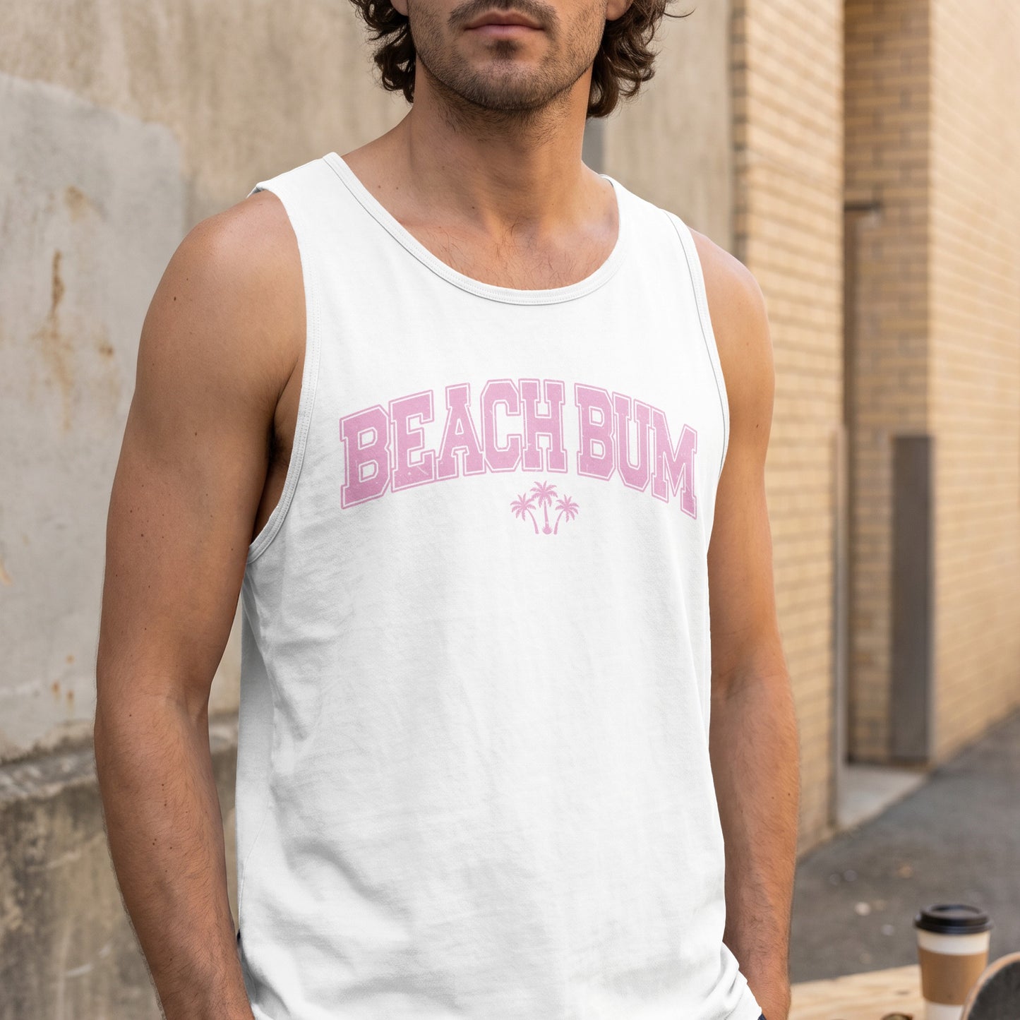 White tank top with "Beach Bum" text and palm trees.