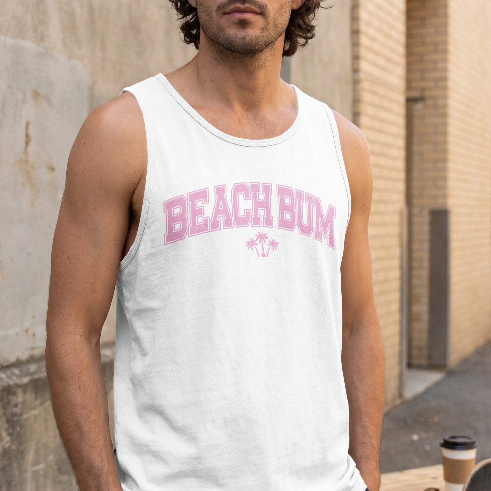White tank top with "Beach Bum" text and palm trees.