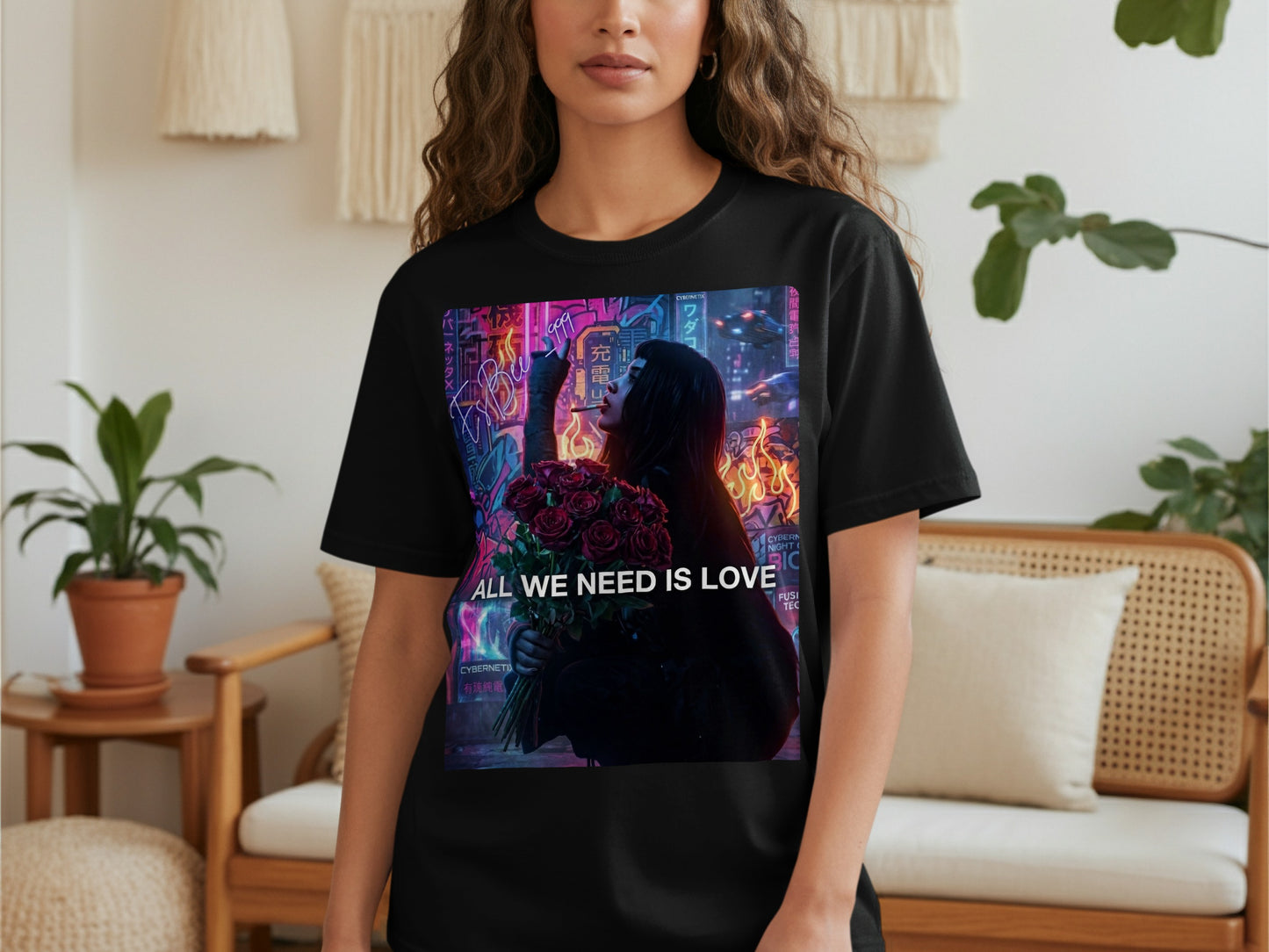 Black t-shirt with "ALL WE NEED IS LOVE" and cyberpunk graphic.