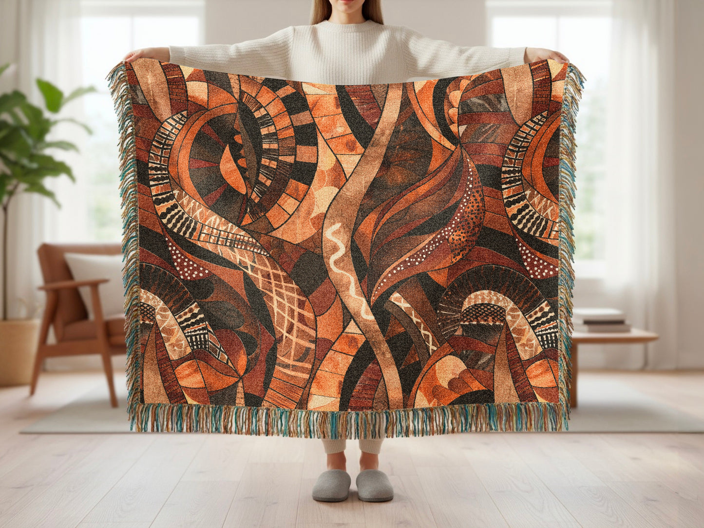 Woven throw blanket with abstract brown, black, and orange geometric pattern and fringe.