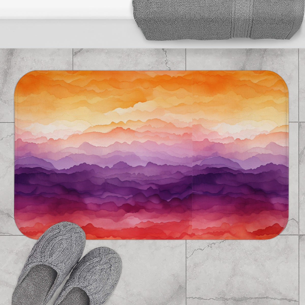 Vibrant Sunrise Horizon Multicolor Waves Bath Mat