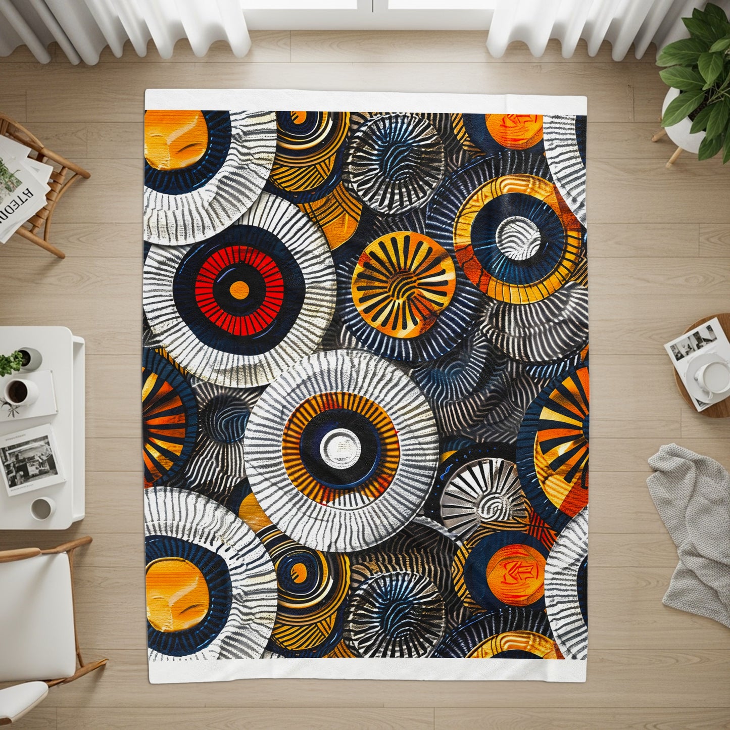 Abstract circular pattern rug with white, orange, yellow, blue, and black details.