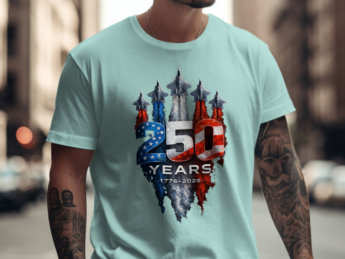Light blue t-shirt with American flag fighter jets and "250 YEARS 1776-2026" text.