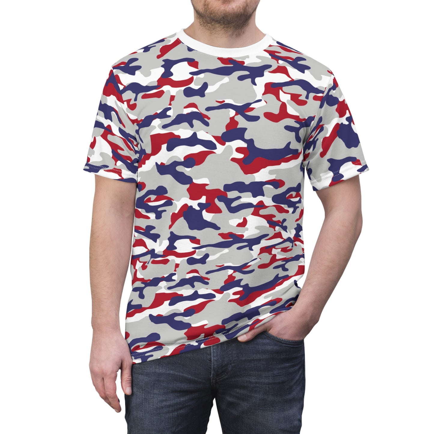 Red White & Blue Camo Style Graphic Tee Unisex Streetwear Casual Top All Over Print