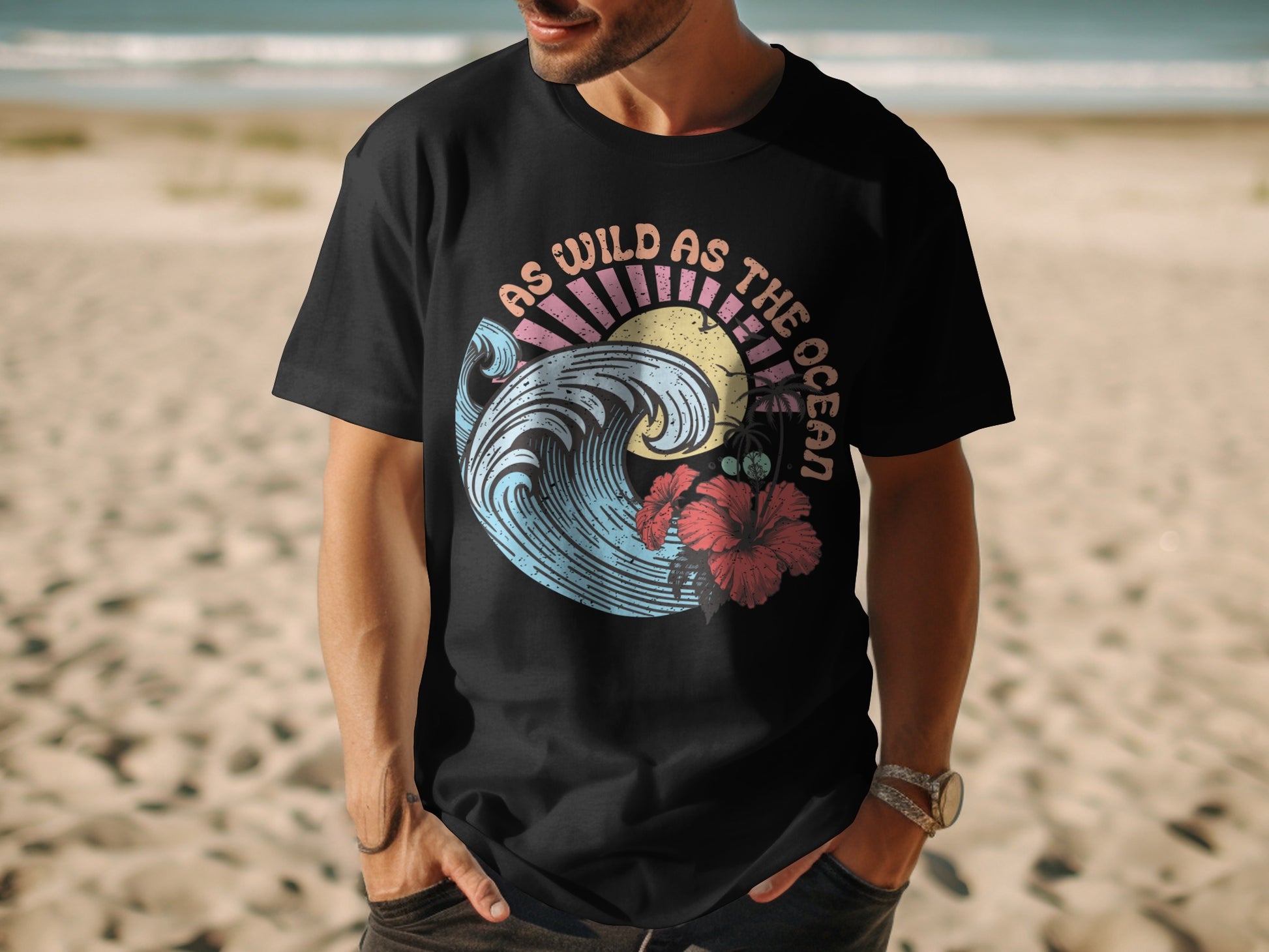 Black t-shirt with graphic of a stylized wave, sun, palm tree, and hibiscus.