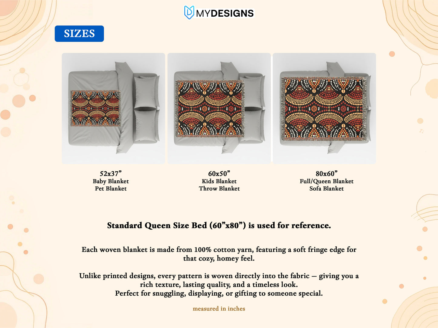 Woven blanket available in three sizes with a brown and orange dotted pattern.