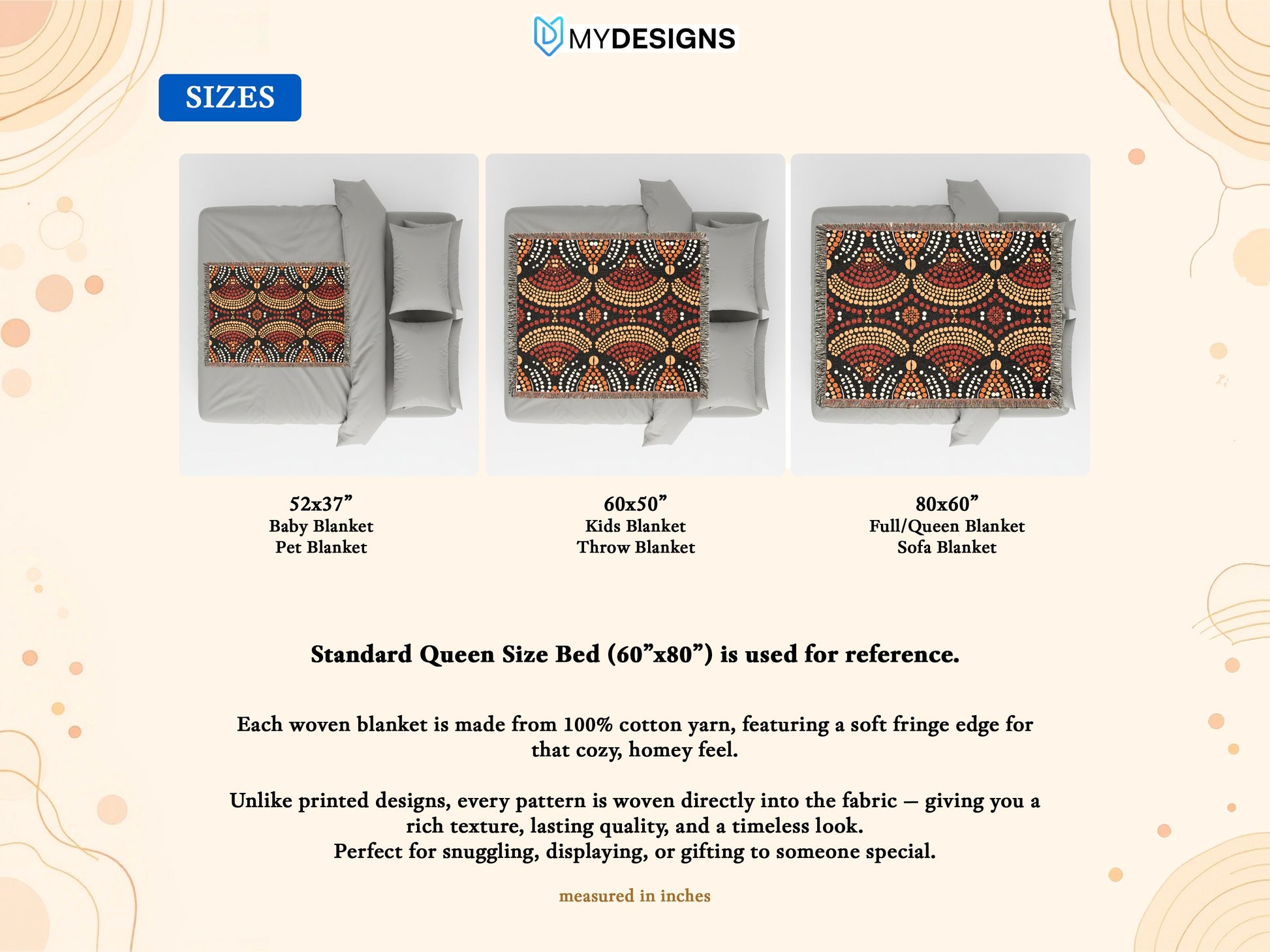 Woven blanket available in three sizes with a brown and orange dotted pattern.