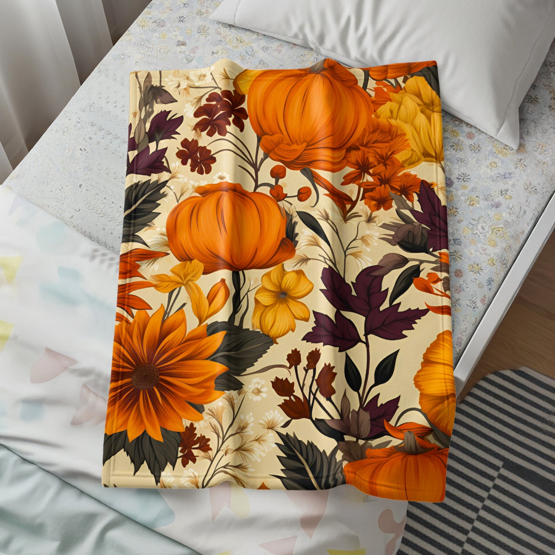 Autumn Floral Pumpkin Patterned Blanket