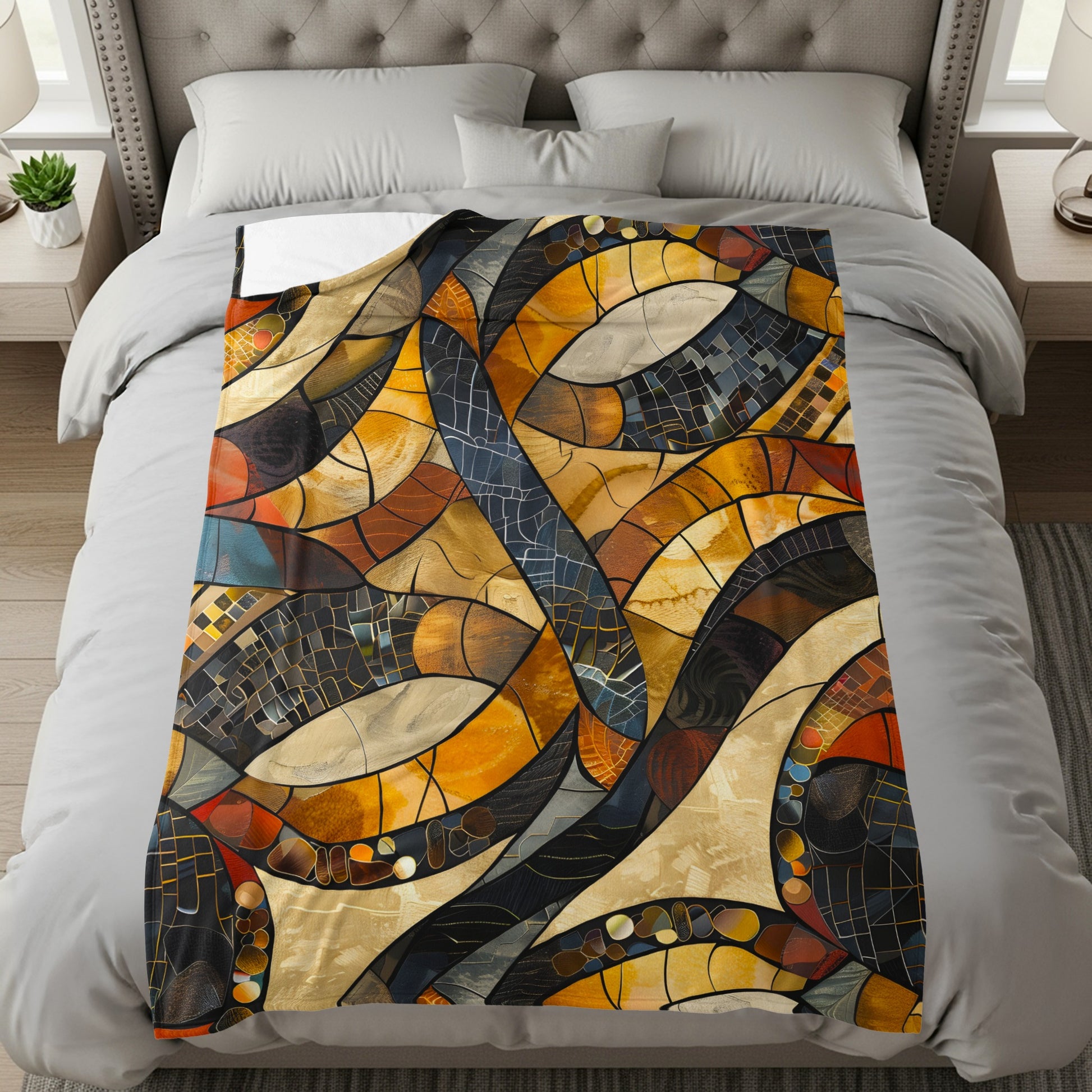 Throw blanket with a stained-glass inspired abstract mosaic pattern in warm tones.