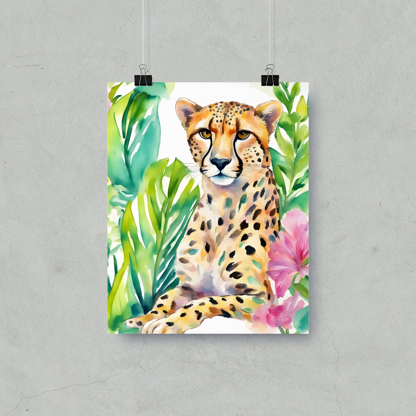 Watercolor Cheetah With Tropical Leaves Wall Art