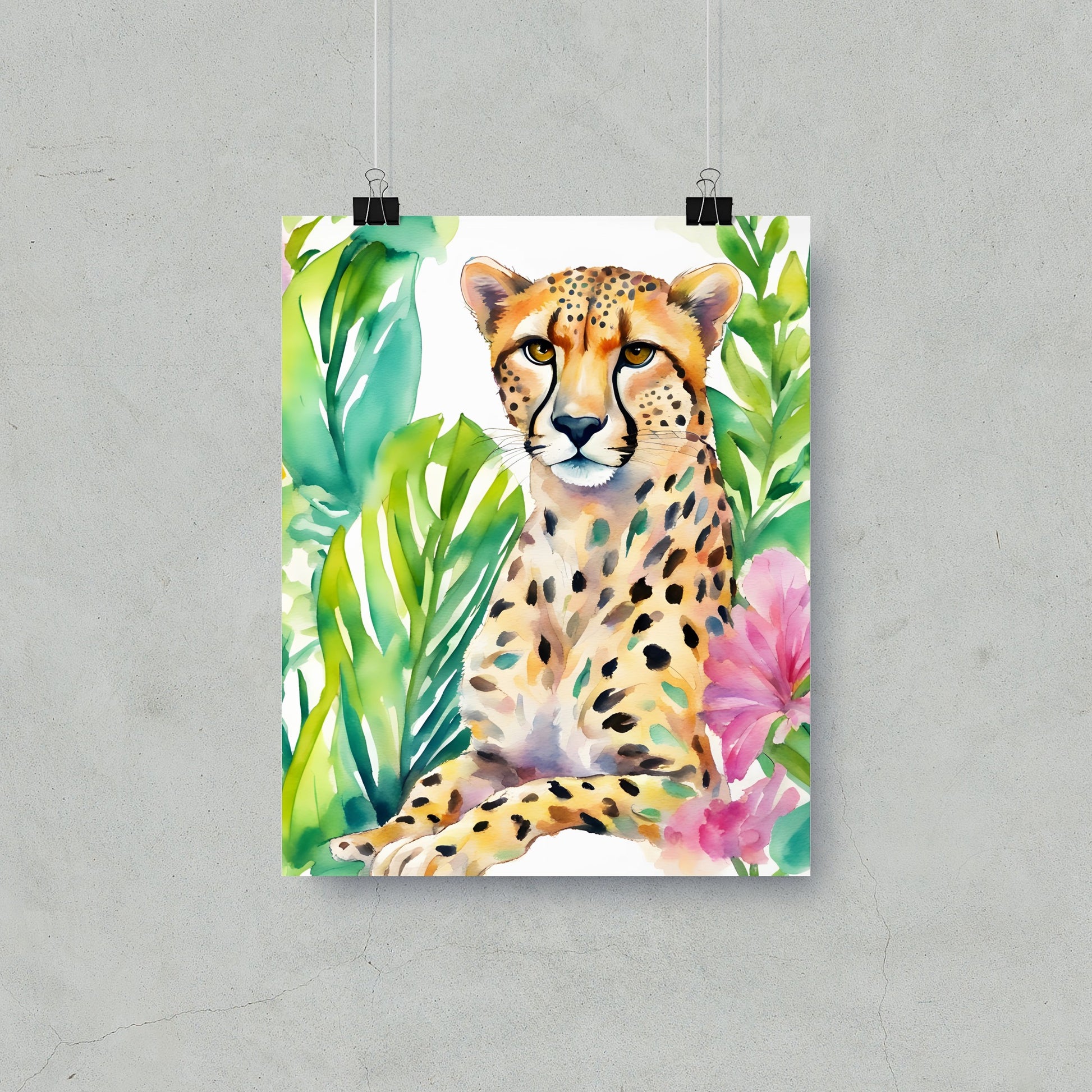 Watercolor Cheetah With Tropical Leaves Wall Art