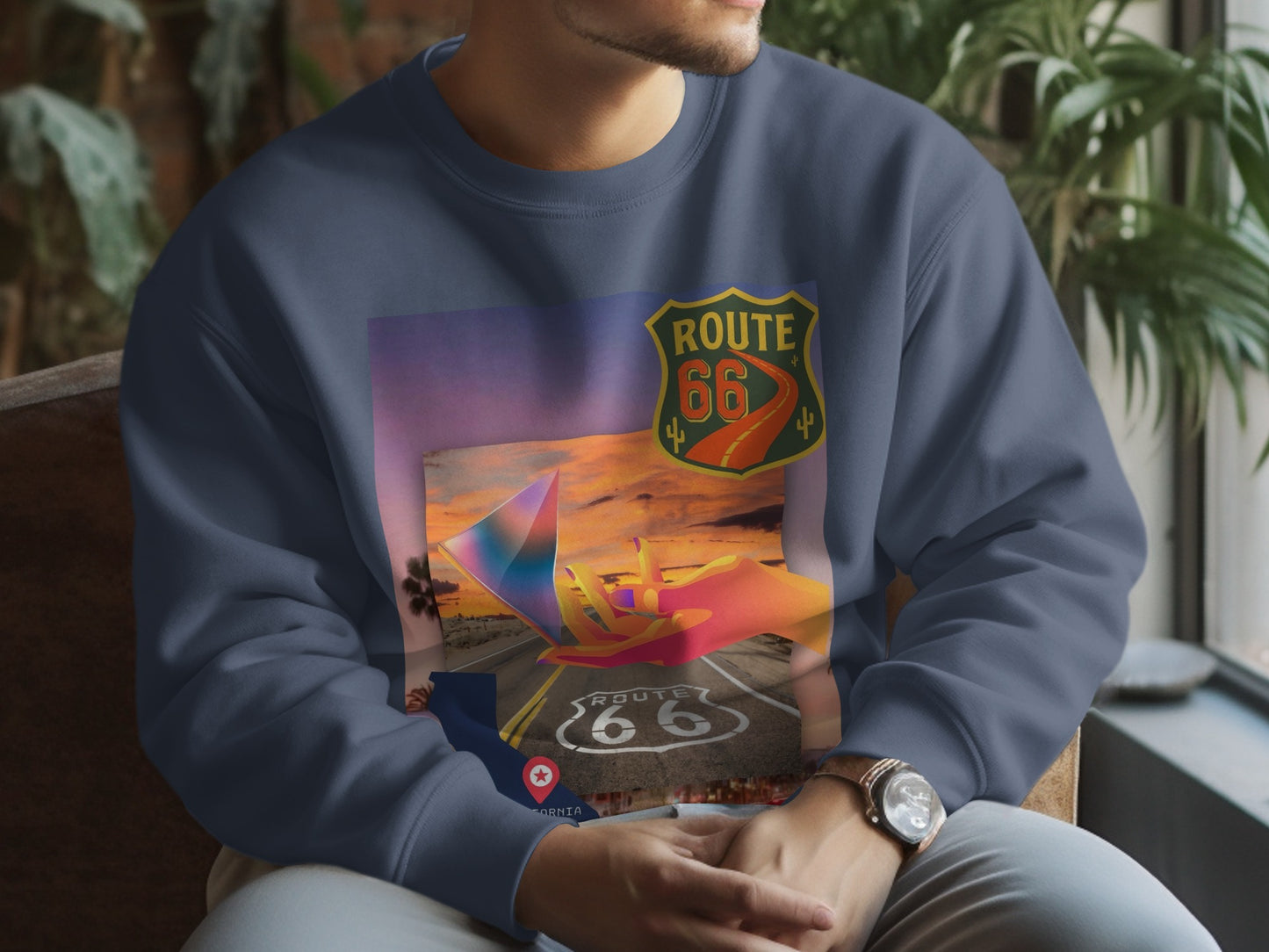 Dark blue crewneck sweatshirt with Route 66 graphic featuring road and sunset.