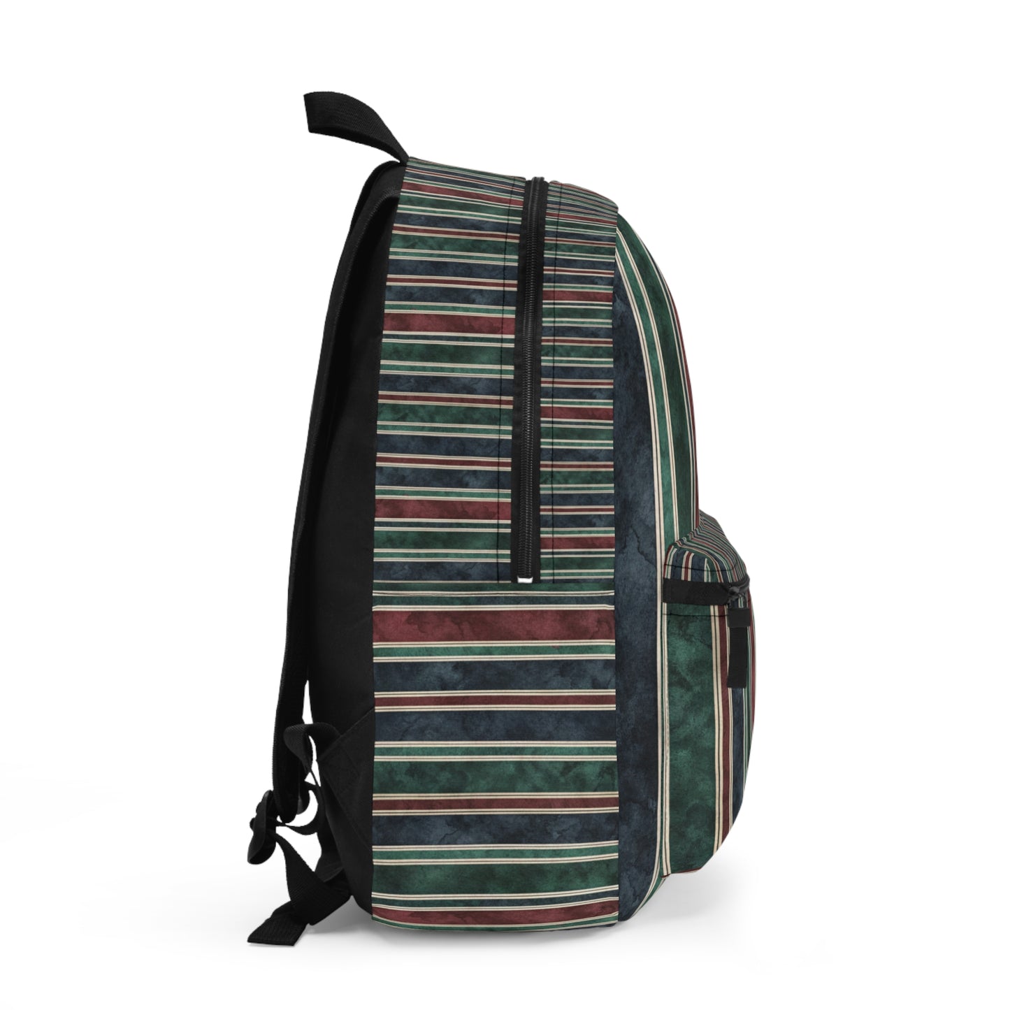 Striped backpack with black straps and zippers against a white background.